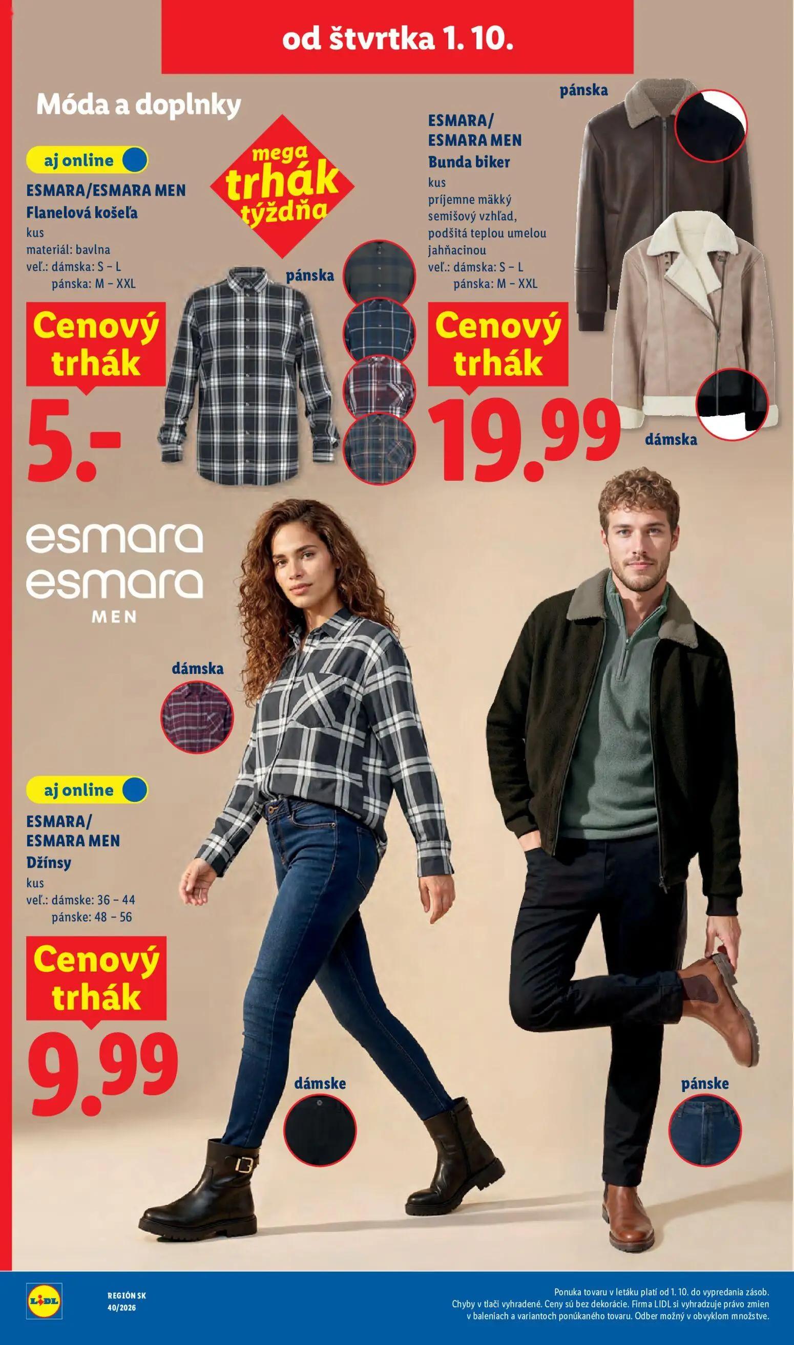 Lidl leták, strana 82 z 100 — ESMARA/ESMARA MEN Flanelová košeľa, ESMARA/ESMARA MEN Bunda biker, ESMARA/ESMARA MEN Džínsy