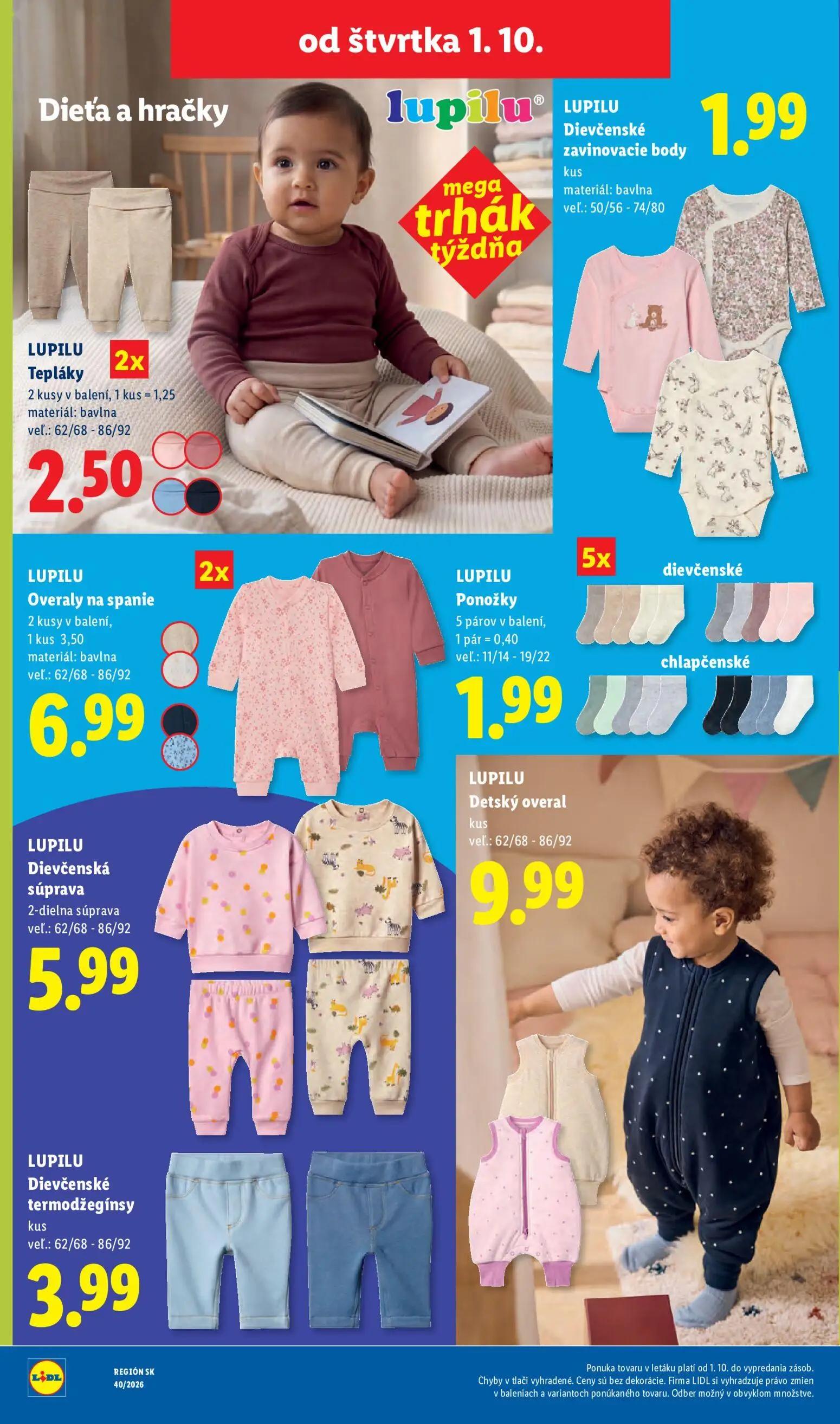 Lidl leták, strana 86 z 100 — Dievčenské zavinovacie body, Tepláky, Overaly na spanie