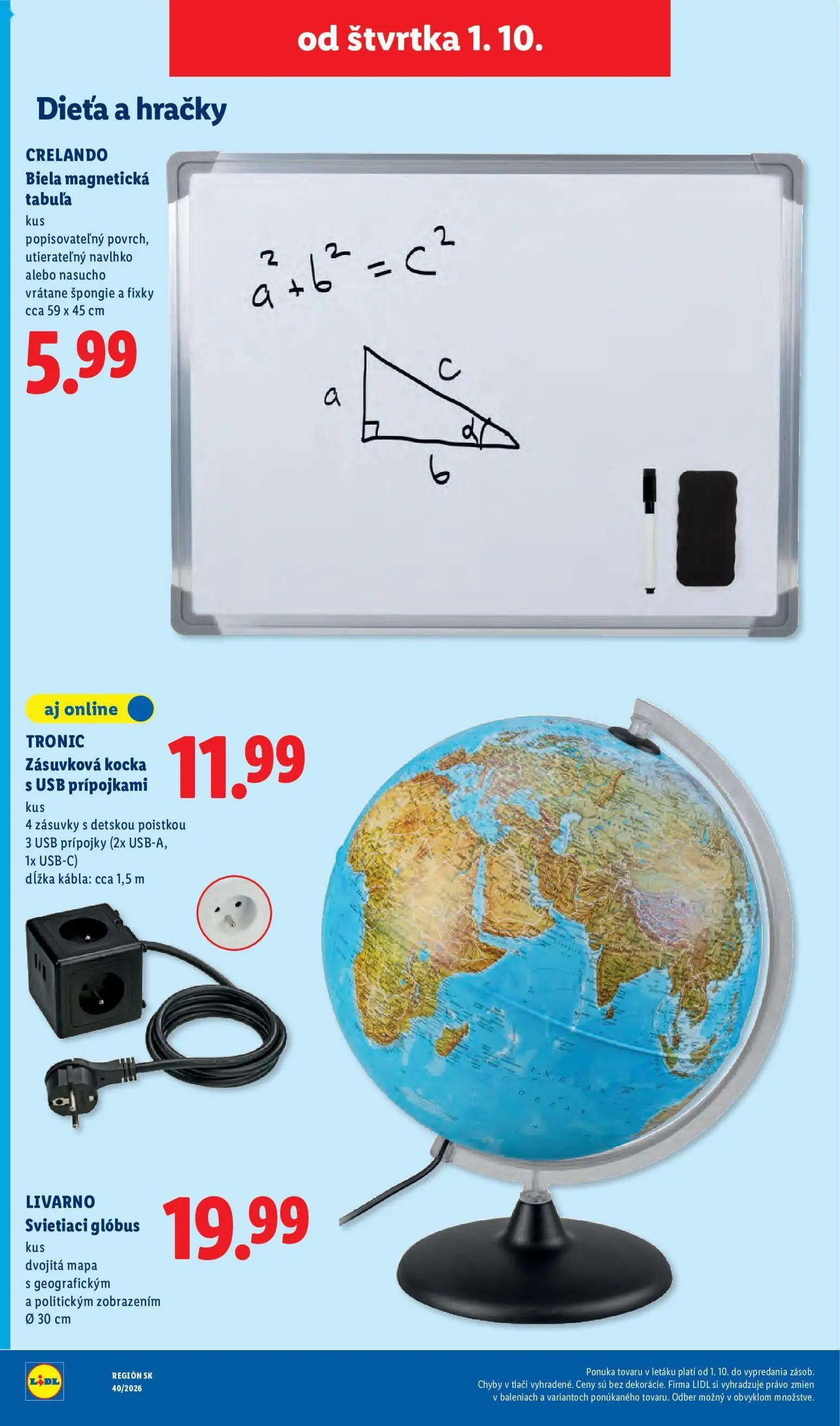 Lidl leták, strana 92 z 100 — Biela magnetická tabuľa, TRONIC Zásuvková kocka s USB prípojkami, LIVARNO Svetiaci glóbus