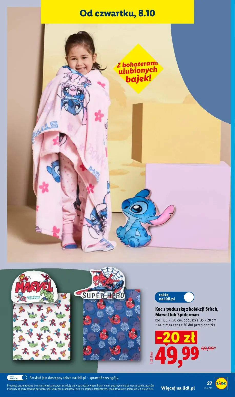 Lidl gazetka, strona 37 z 60 — Koc z poduszką z kolekcji Stitch, Marvel lub Spiderman