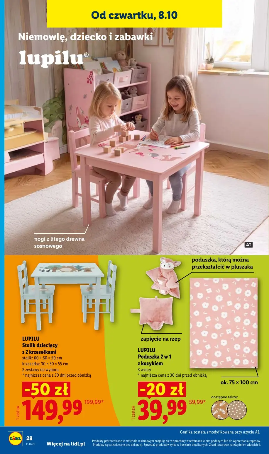 Lidl gazetka, strona 38 z 60 — LUPILU Stolik dziecięcy z 2 krzesełkami, LUPILU Poduszka 2 w 1 z kocykiem