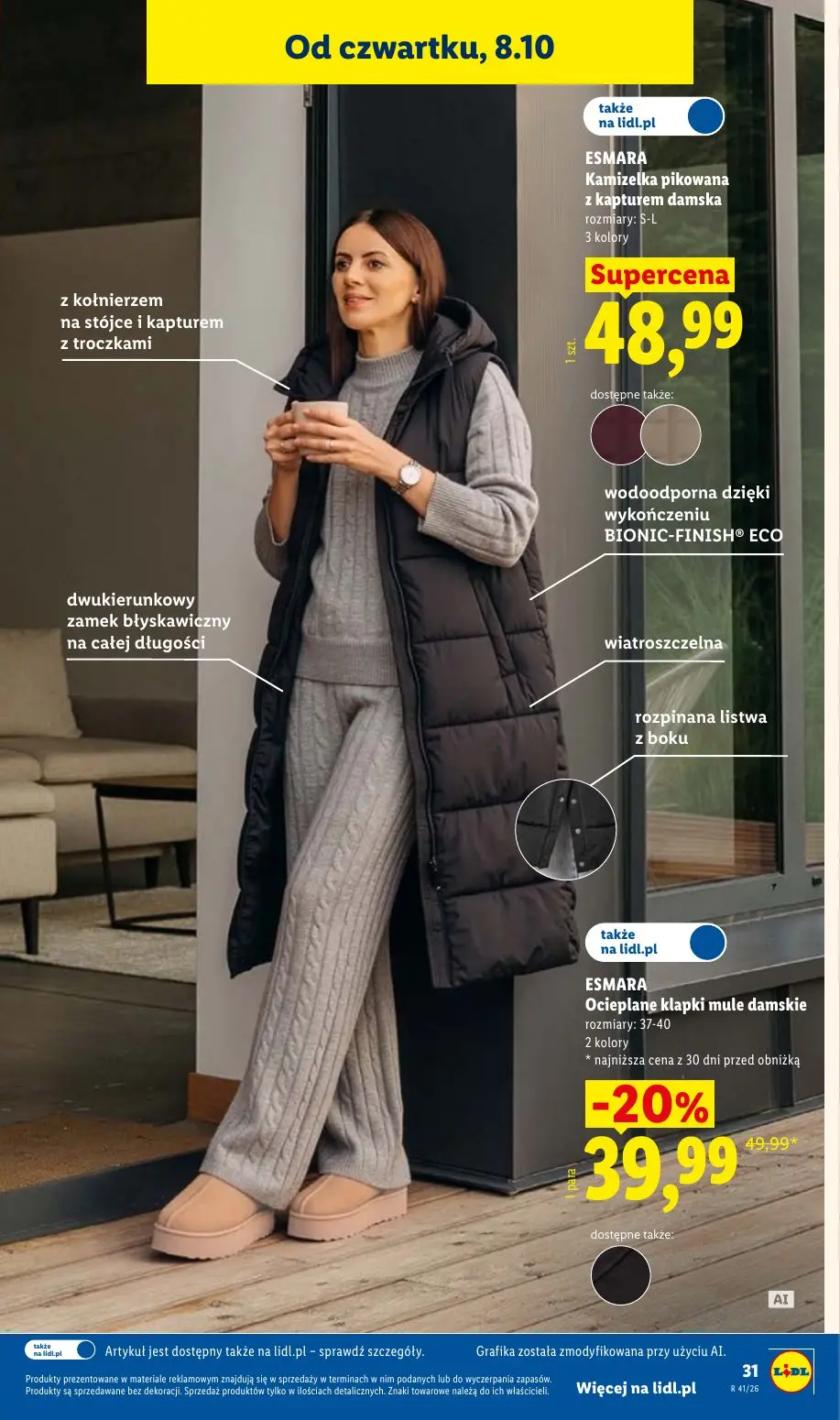 Lidl gazetka, strona 41 z 60 — ESMARA Ocieplane klapki mule damskie, ESMARA Kamizelka pikowana z kapturem damska