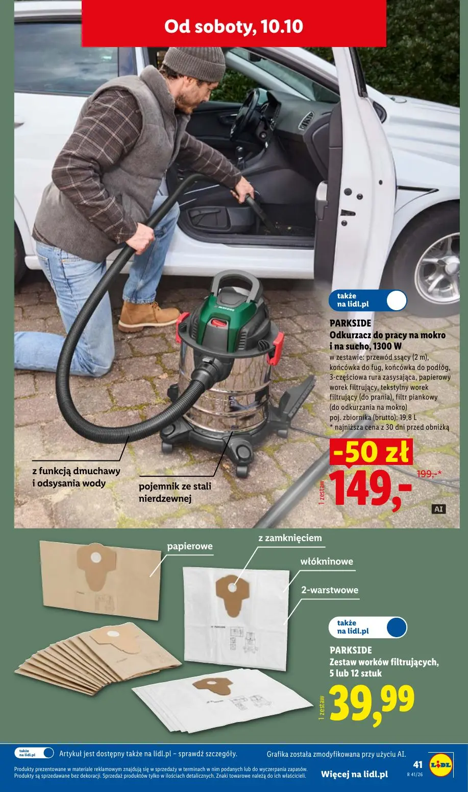 Lidl gazetka, strona 51 z 60 — Odkurzacz do pracy na mokro i na sucho, 1300 W, Zestaw worków filtrujących, 5 lub 12 sztuk