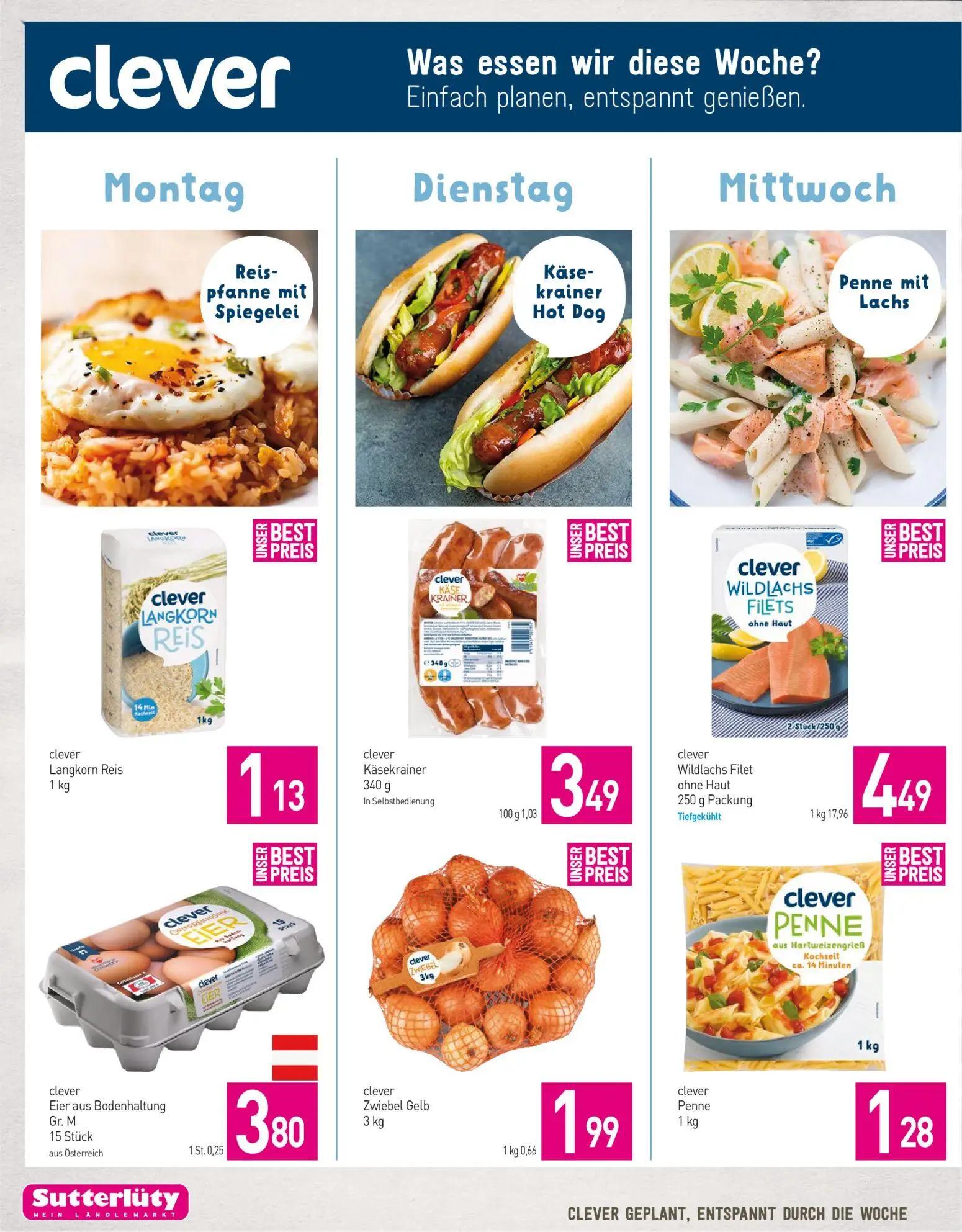 Sutterlüty Prospekt, Seite 4 von 8 — clever Langkorn Reis, clever Käsekrainer, clever Wildlachs Filet