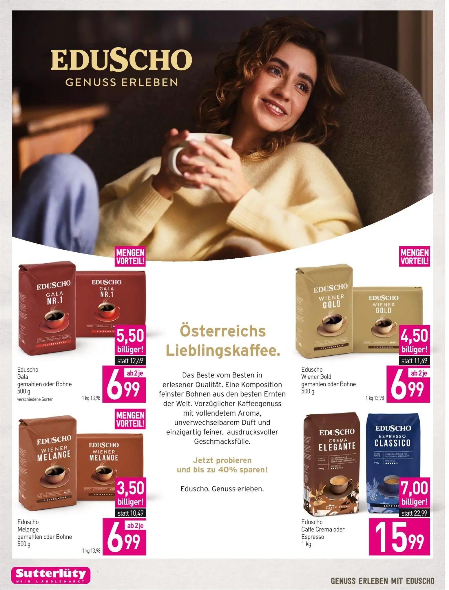 Sutterlüty Prospekt, Seite 6 von 8 — Eduscho Caffe Crema oder Espresso, Eduscho Gala gemahlen oder Bohne, Eduscho Wiener Gol…