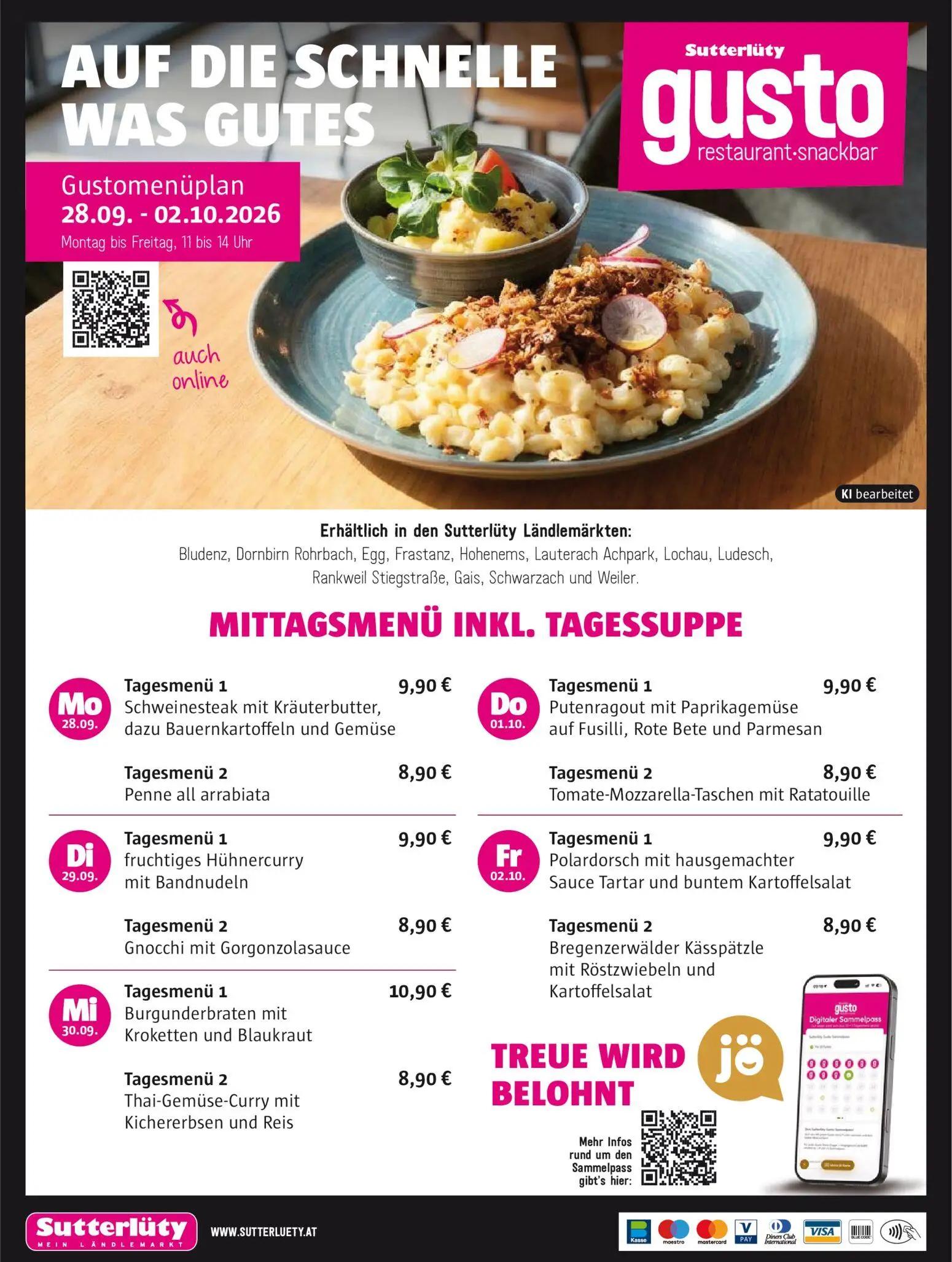 Sutterlüty Prospekt, Seite 8 von 8 — Schweinesteak mit Kräuterbutter, dazu Bauernkartoffeln und Gemüse, Putenragout mit Papr…