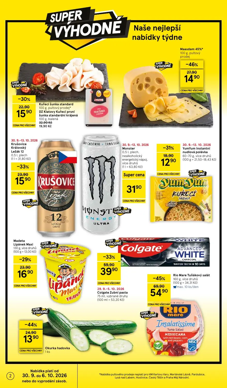 Tesco leták, strana 2 z 36 — Colgate Zubní pasta vybrané druhy, Rio Mare Tuňákový salát, více druhů, Maasdam 45%