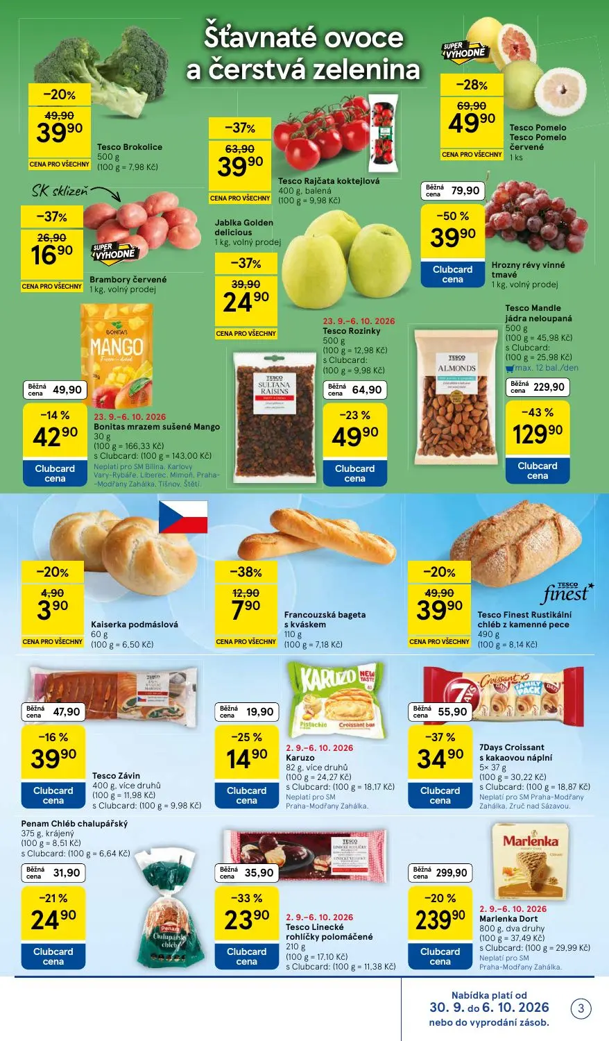 Tesco Supermarket leták, strana 3 z 16 — Tesco Mandle jádra neloupaná, Marlenka Dort, Hrozny révy vinné tmavé
