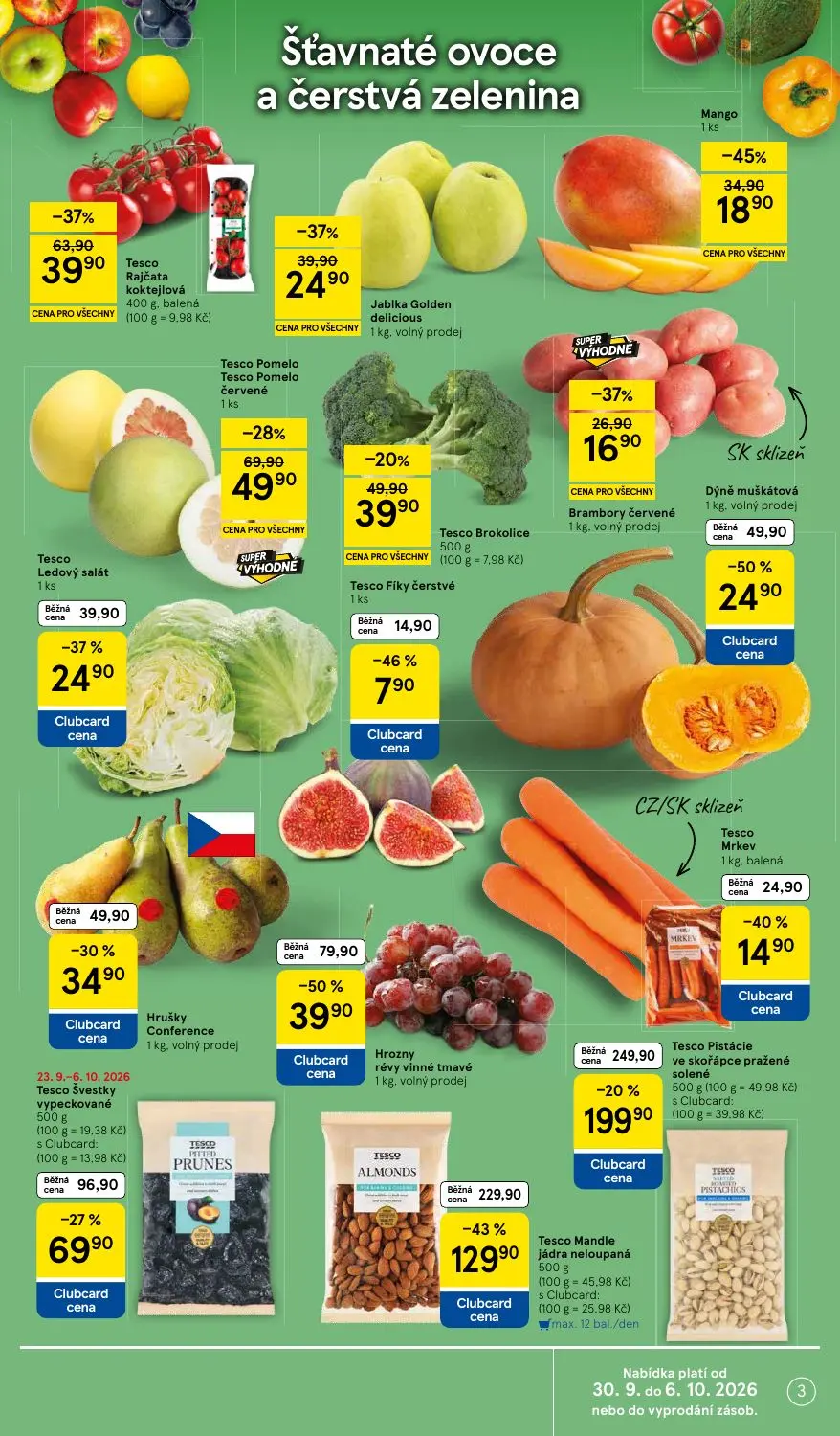 Tesco leták, strana 3 z 36 — Tesco Mandle jádra neloupaná, Tesco Pistácie ve skořápce pražené solené, Hrozny révy vinné tmavé