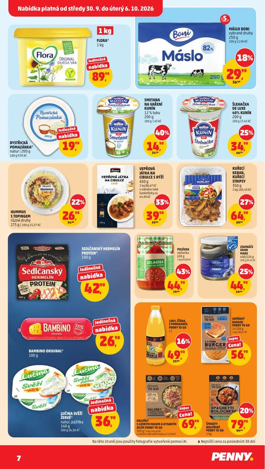 PENNY leták, strana 7 z 37 — POLÉVKA zelňačka, KUŘECÍ KEBAB, KUŘECÍ STRIPSY, VEPŘOVÁ JÁTRA NA CIBULCE S RÝŽÍ