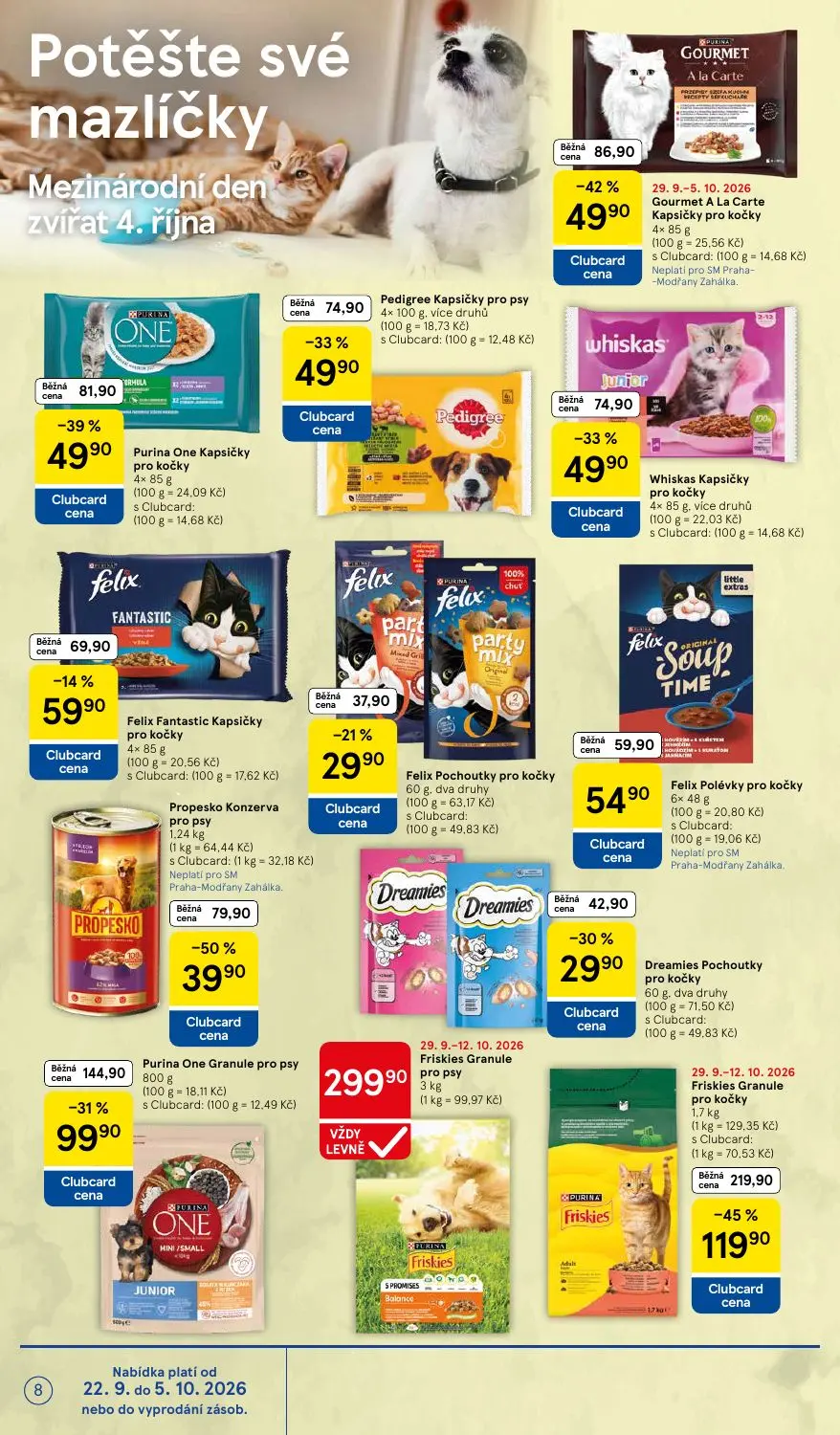 Tesco Supermarket leták, strana 8 z 16 — Friskies Granule pro kočky, Purina One Granule pro psy, Propesko Konzerva pro psy