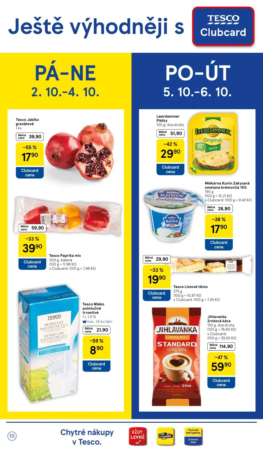 Tesco Supermarket leták, strana 10 z 16 — Jihlavanka Zrnková káva, Tesco Jablko granátové, Leerdammer Plátky