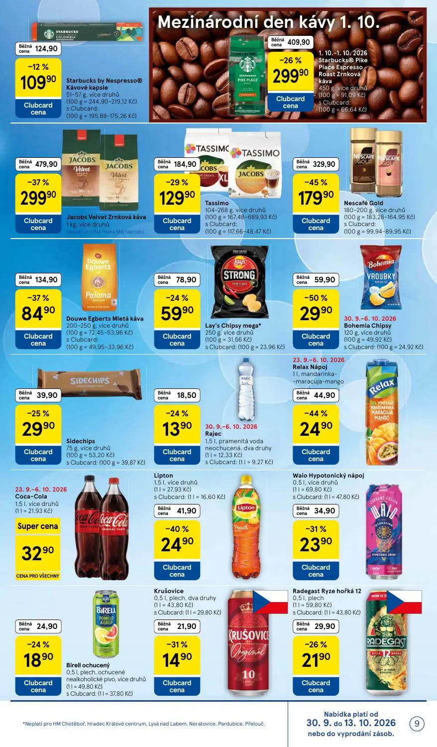 Tesco leták, strana 9 z 36 — Jacobs Velvet Zrnková káva, Nescafé Gold, Starbucks Pike Place Espresso Roast Zrnková káva