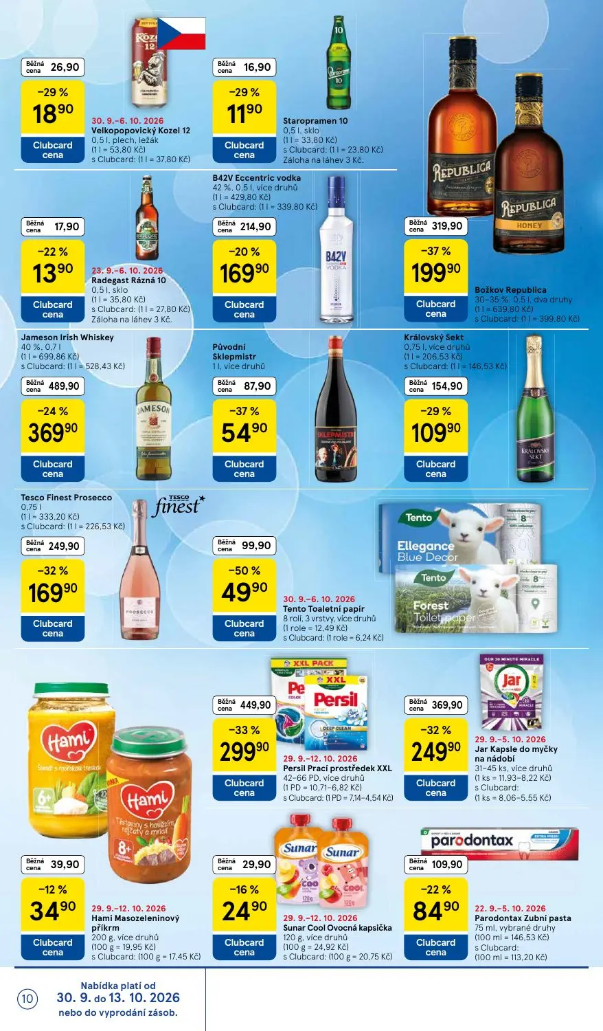 Tesco leták, strana 10 z 36 — Persil Prací prostředek XXL, Božkov Republica, Jameson Irish Whiskey