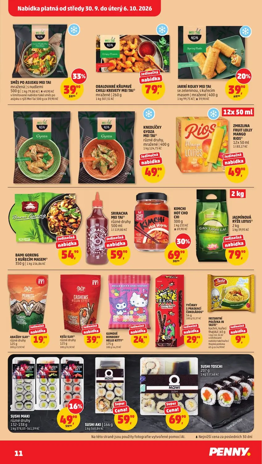 PENNY leták, strana 11 z 37 — KIMCHI HOT CHO CHI, SMĚS PO ASIJSKU MEI TAI mražená s nudlemi, JARNÍ ROLKY MEI TAI se zelenino…