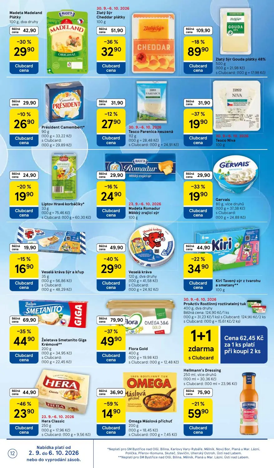 Tesco Supermarket leták, strana 12 z 16 — ProActiv Rostlinný roztíratelný tuk, Flora Gold, Želetava Smetanito Giga Krémové