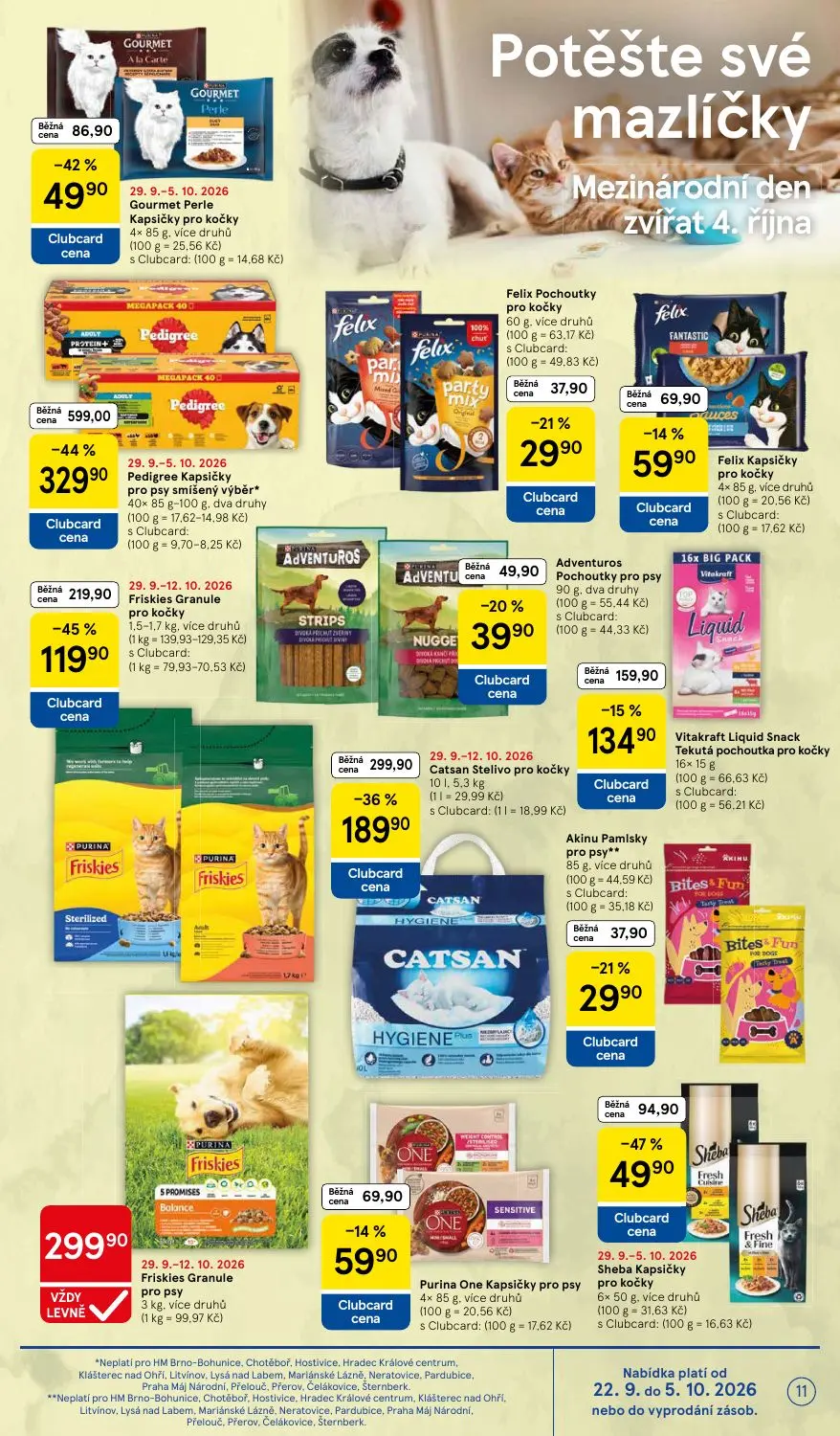 Tesco leták, strana 11 z 36 — Pedigree Kapsičky pro psy smíšený výběr, Catsan Stelivo pro kočky, Friskies Granule pro kočky