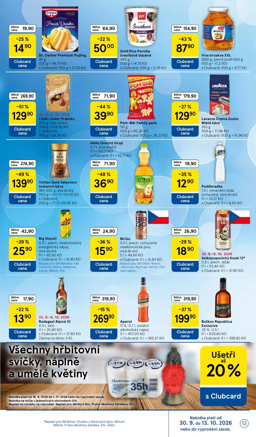 Tesco Supermarket leták, strana 13 z 16 — Lindt Lindor Pralinky, Tchibo Gold Selection Instantní káva, Božkov Republica Excl…