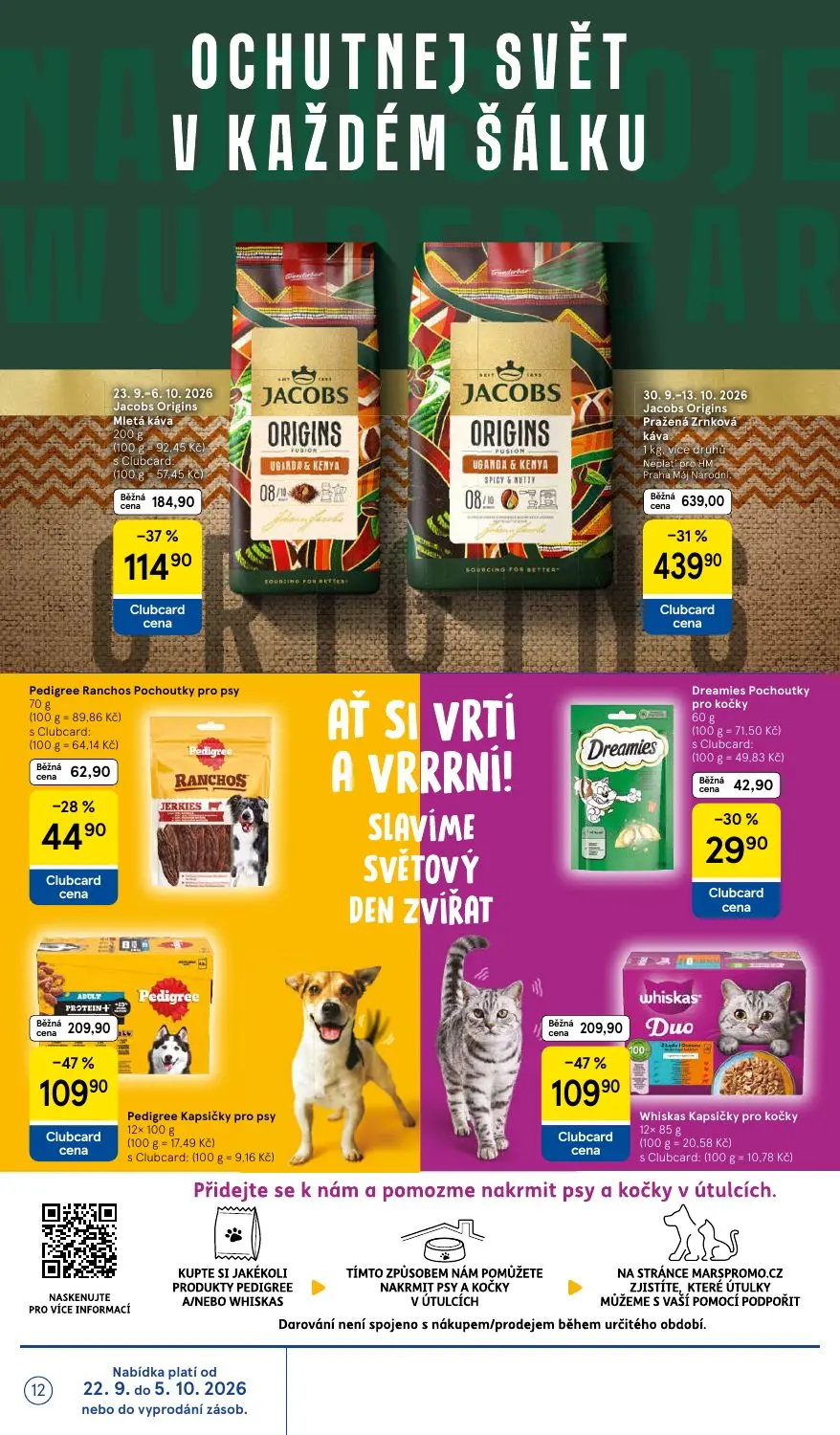 Tesco leták, strana 12 z 36 — Jacobs Origins Pražená Zrnková káva, Pedigree Kapsičky pro psy, Whiskas Kapsičky pro kočky