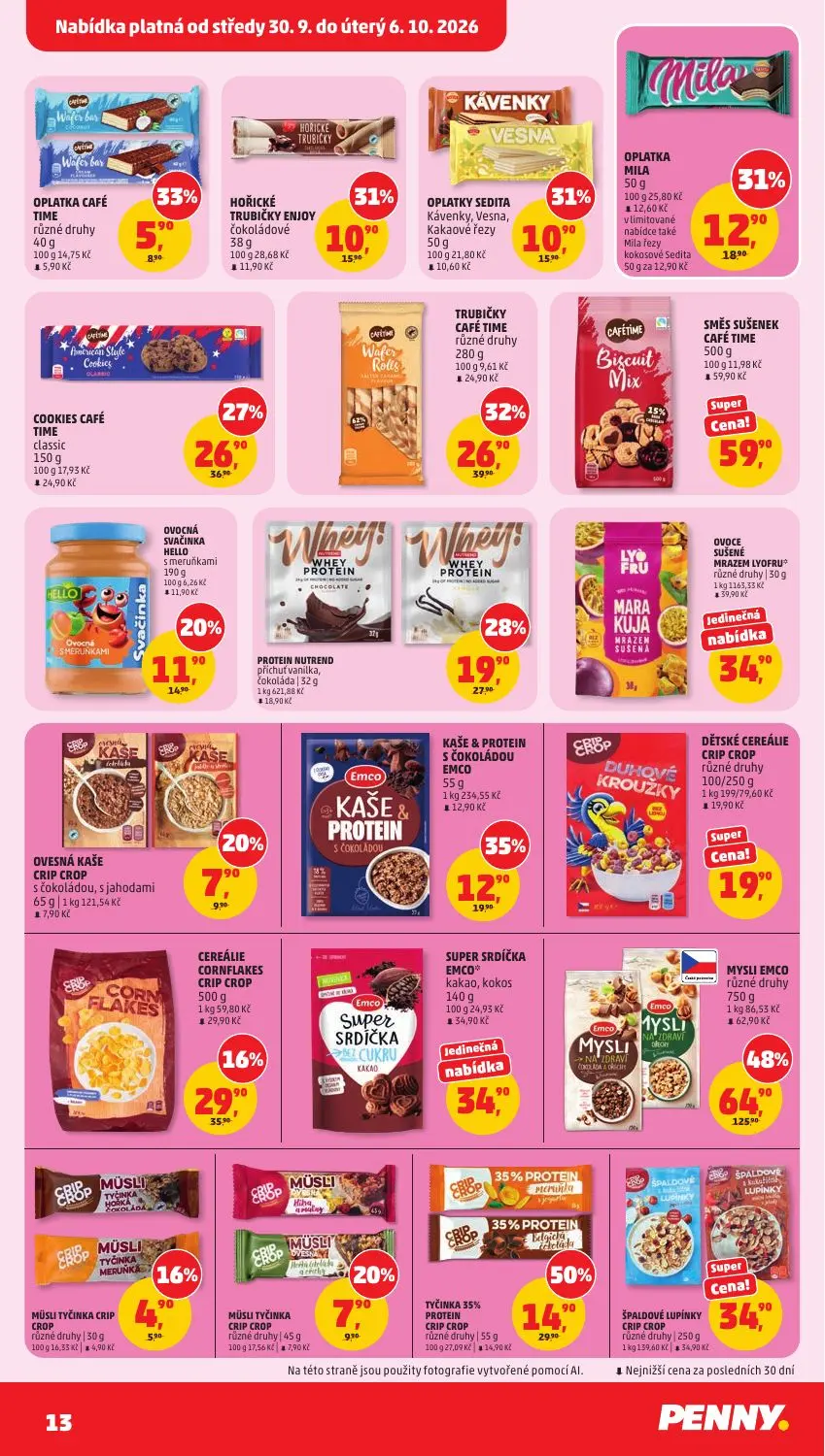 PENNY leták, strana 13 z 37 — MÜSLI EMCO různé druhy, TYČINKA 35% PROTEIN CRIP CROP různé druhy, TRUBIČKY CAFÉ TIME různé dr…