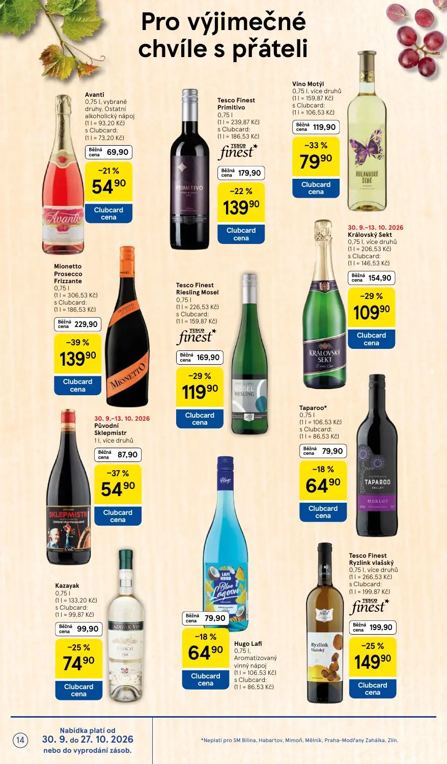 Tesco Supermarket leták, strana 14 z 16 — Mionetto Prosecco Frizzante, Tesco Finest Riesling Mosel, Tesco Finest Ryzlink vla…