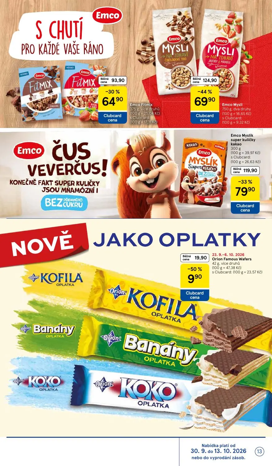 Tesco leták, strana 13 z 36 — Emco Mysli, Emco Myslík super kuličky kakao, Emco Fitmix