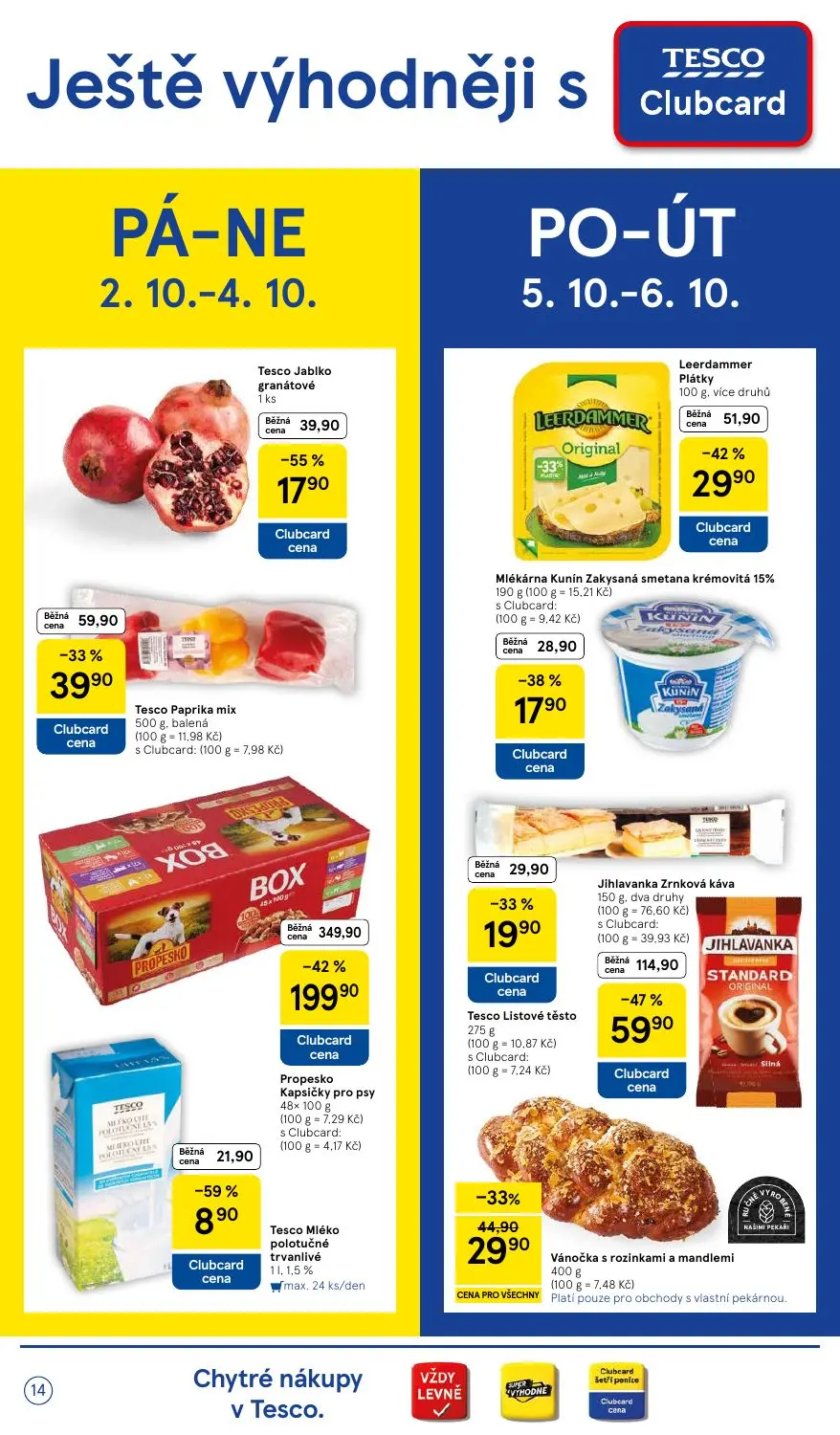 Tesco leták, strana 14 z 36 — Propesko Kapsičky pro psy, Jihlavanka Zrnková káva, Tesco Jablko granátové