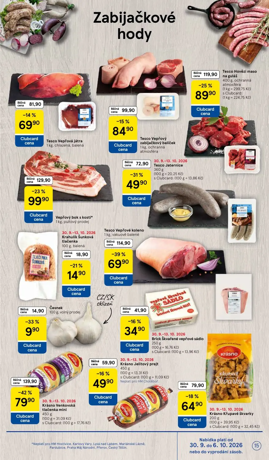 Tesco leták, strana 15 z 36 — Krásno Venkovská tlačenka mini, Tesco Vepřové koleno, Tesco Hovězí maso na guláš