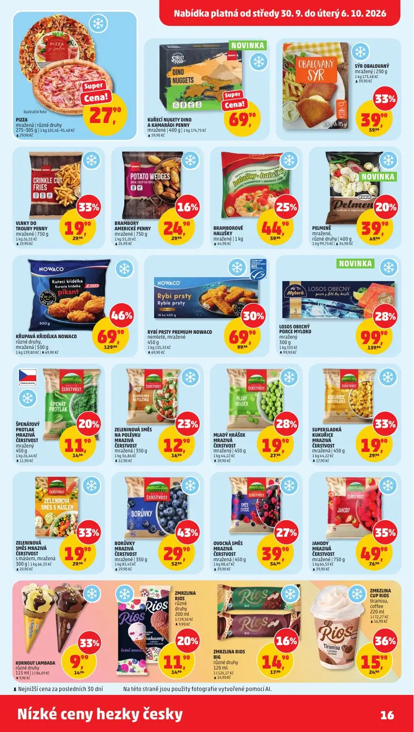 PENNY leták, strana 16 z 37 — KRUPAVÁ KŘIDÉLKA NOWACO různé druhy, mražená, LOSOS OBECNÝ PORCE MYLORD mražený, RYBÍ PRSTY PR…