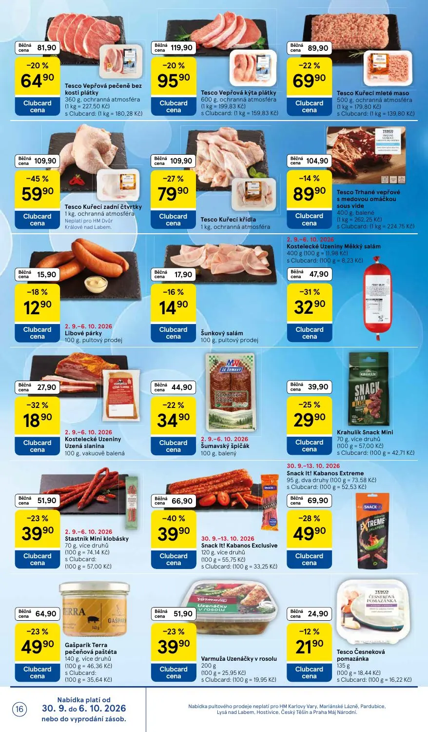 Tesco leták, strana 16 z 36 — Tesco Kuřecí zadní čtvrtky, Tesco Kuřecí křídla, Snack It! Kabanos Exclusive