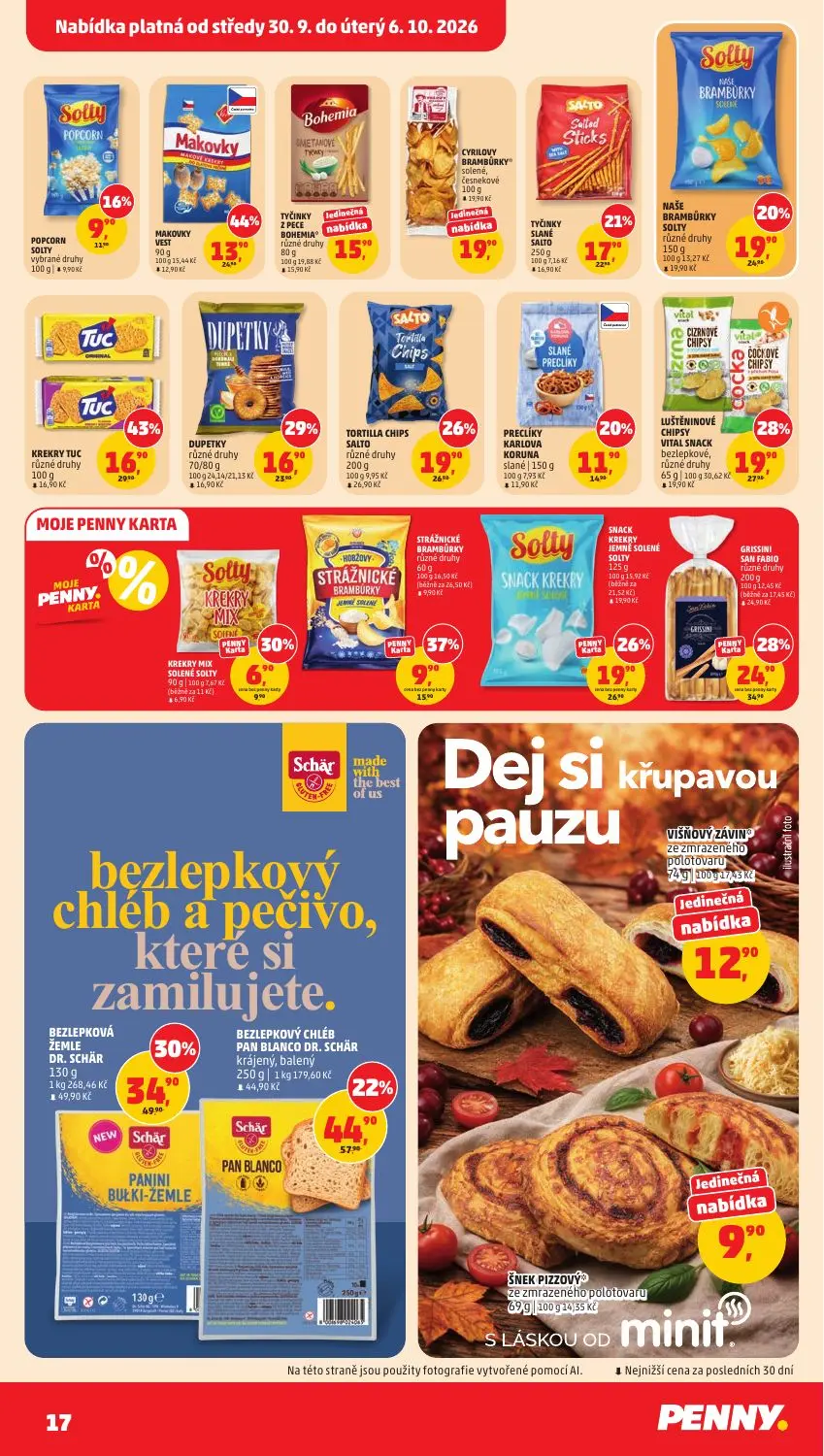 PENNY leták, strana 17 z 37 — BEZLEPKOVÁ ŽEMLE DR. SCHÄR, BEZLEPKOVÝ CHLÉB PAN BLANCO DR. SCHÄR krájený, balený, KREKRY TUC