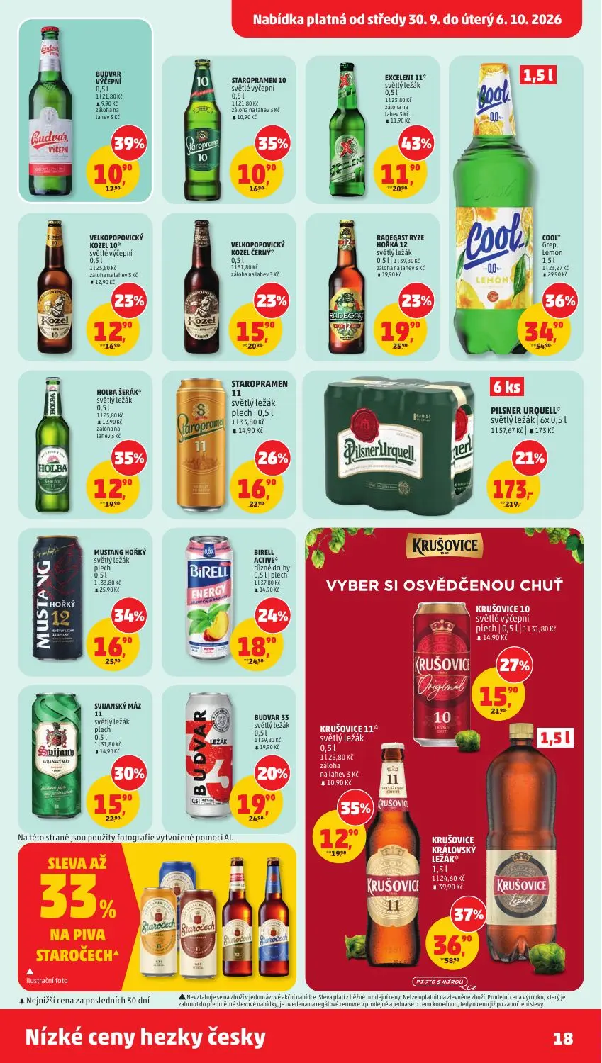 PENNY leták, strana 18 z 37 — PILSNER URQUELL světlý ležák, KRUŠOVICE KRÁLOVSKÝ LEŽÁK, COOL Grep, Lemon