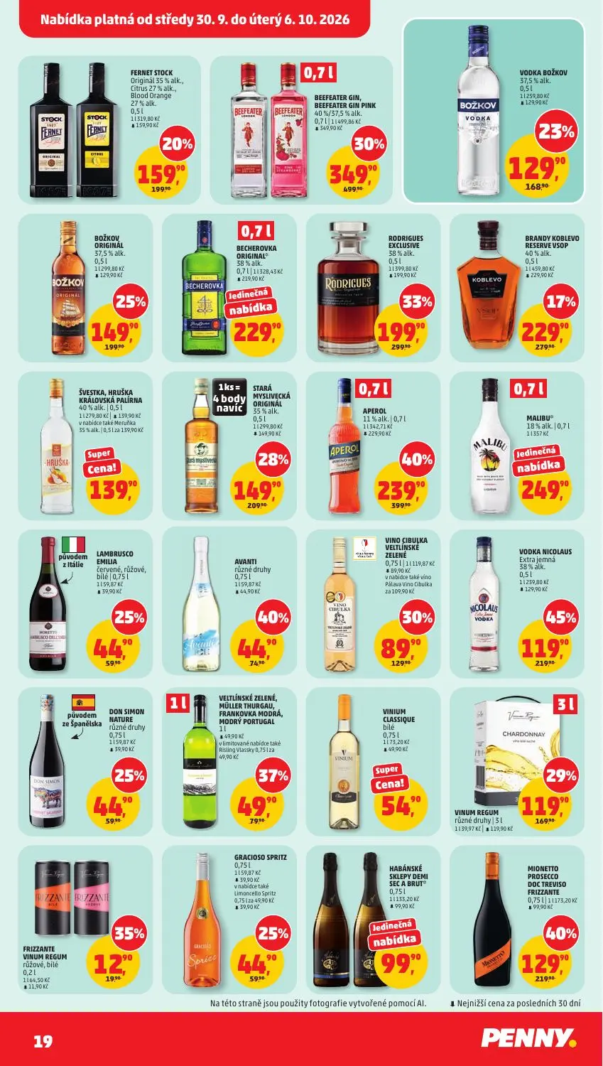 PENNY leták, strana 19 z 37 — APEROL 11% alk., BEEFEATER GIN, BEEFEATER GIN PINK 40 %/37,5 % alk., RODRIGUES EXCLUSIVE 58% a…