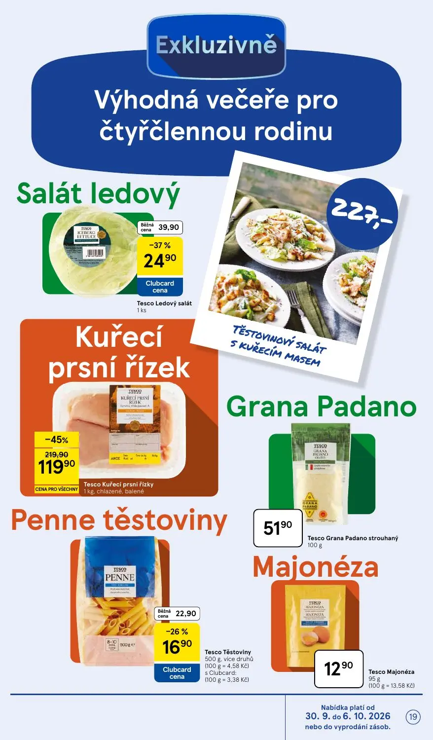 Tesco leták, strana 19 z 36 — Tesco Kuřecí prsní řízky, Tesco Ledový salát, Tesco Těstoviny