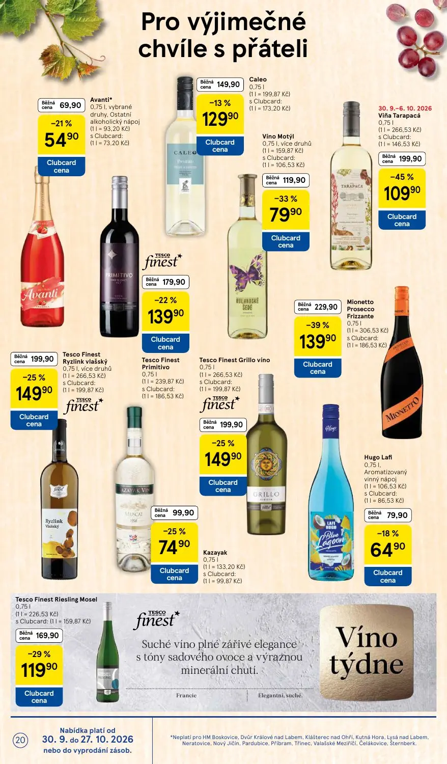 Tesco leták, strana 20 z 36 — Viña Tarapacá, Mionetto Prosecco Frizzante, Tesco Finest Ryzlink vlašský