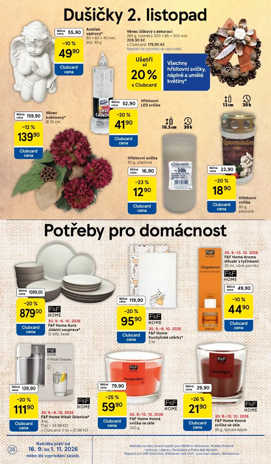 Tesco leták, strana 26 z 36 — F&F Home Aura Jídelní souprava*, Věnec šiškový s dekorací, F&F Home Hiball Sklenice*