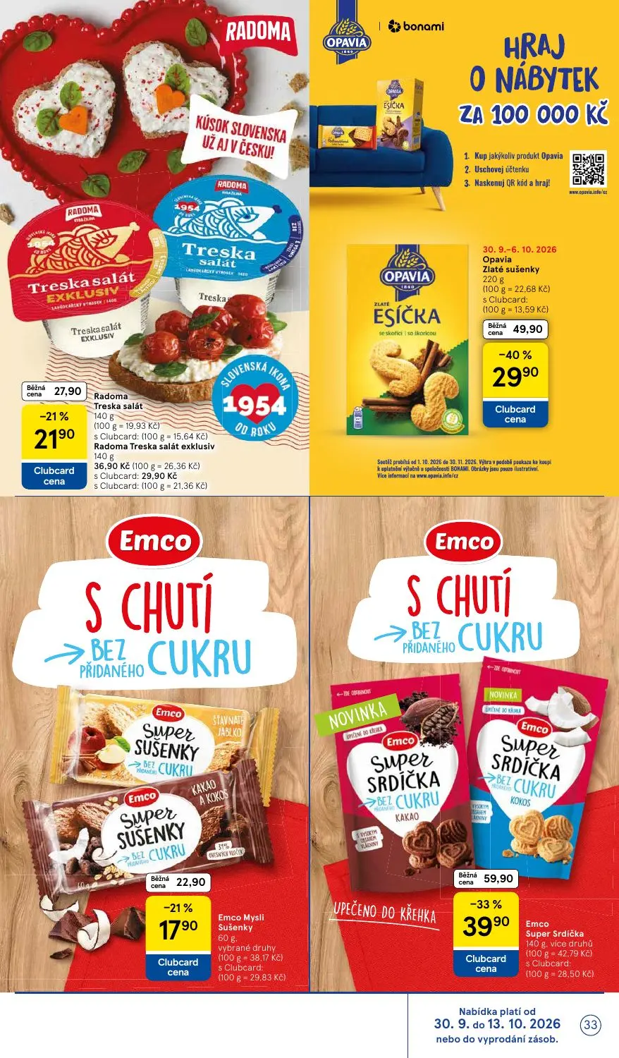 Tesco leták, strana 33 z 36 — Opavia Zlaté sušenky, Emco Super Srdíčka, Radoma Treska salát exklusiv