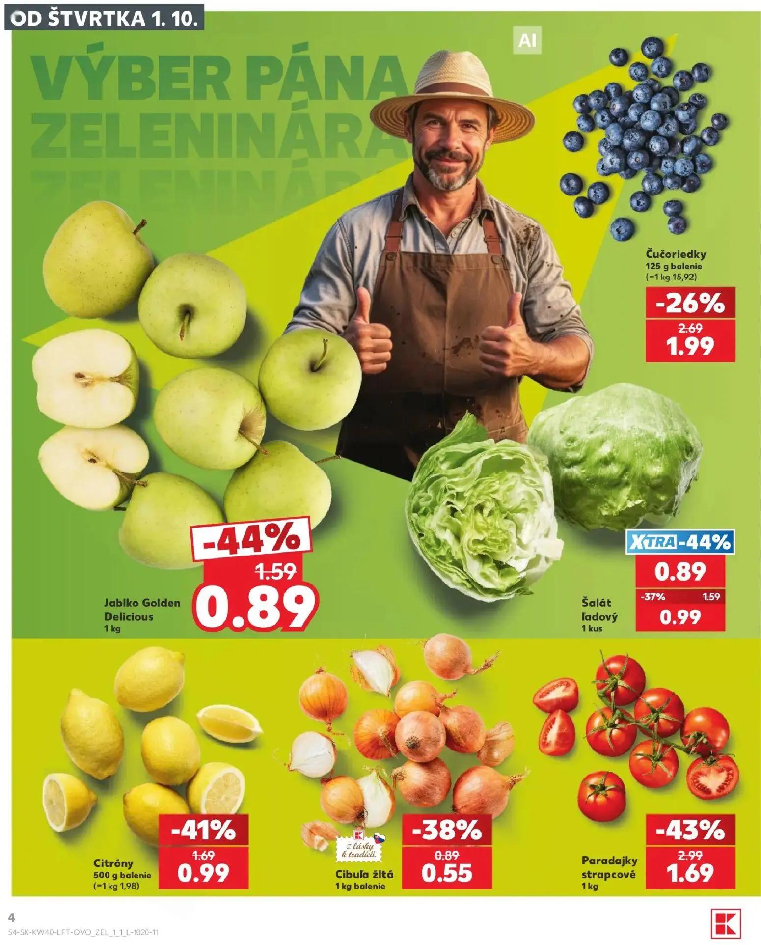 Kaufland leták, strana 4 z 76 — Paradajky strapcové, Čučoriedky, Jablko Golden Delicious