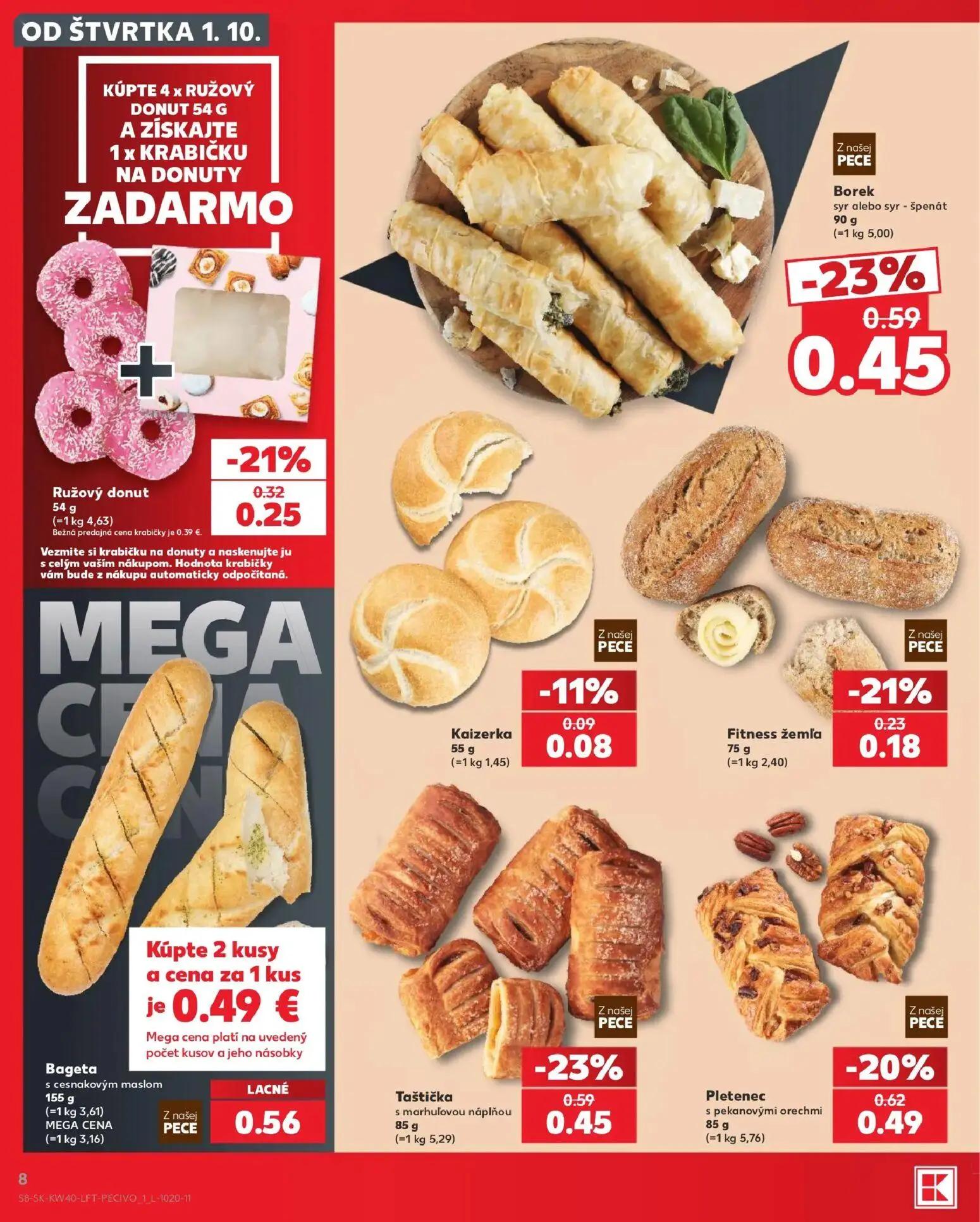 Kaufland leták, strana 8 z 76 — Borek syr alebo syr - špenát, Taštička s marhuľovou náplňou, Pletenec s pekanovými orechmi