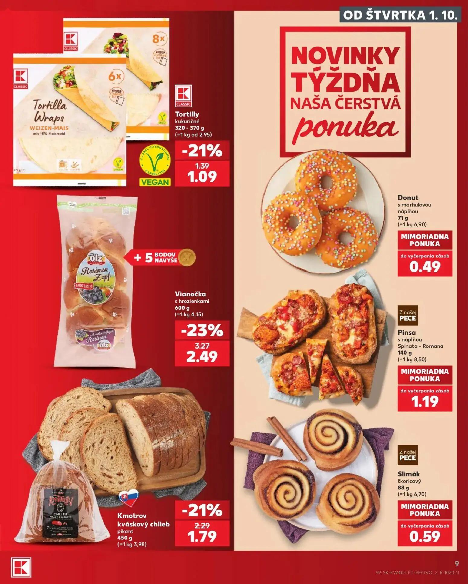Kaufland leták, strana 9 z 76 — Vianočka s hrozienkami, Kmotrov kváskový chlieb pikant, Tortilly kukuričné