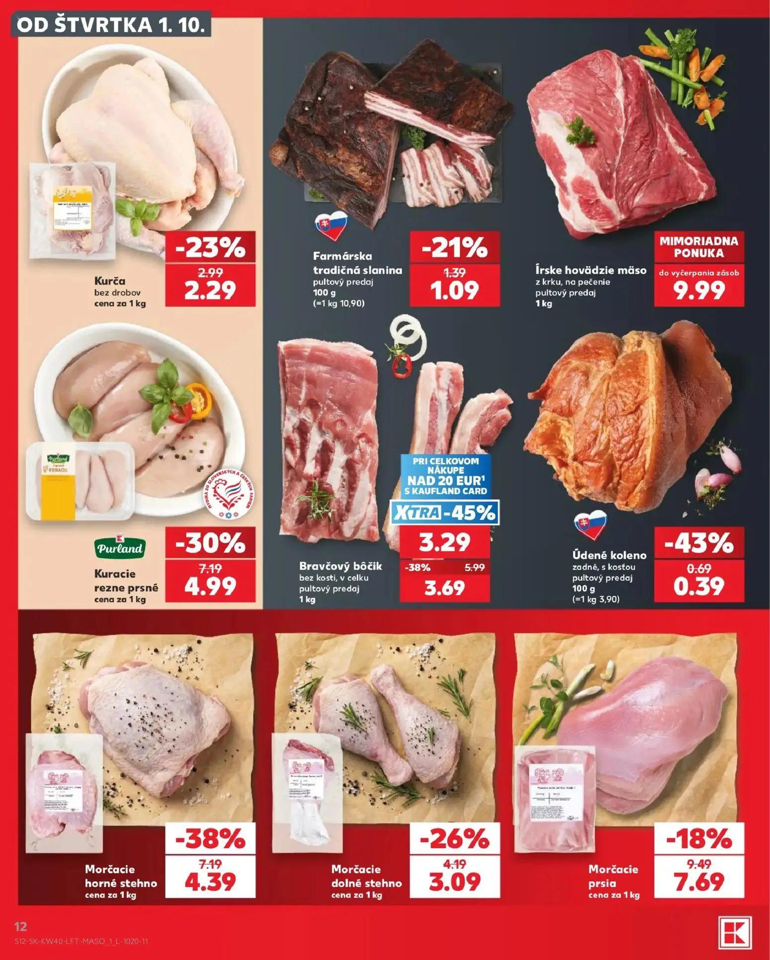 Kaufland leták, strana 12 z 76 — Morčacie horné stehno, Bravčový bôčik bez kosti, v celku, Kuracie rezné prsné
