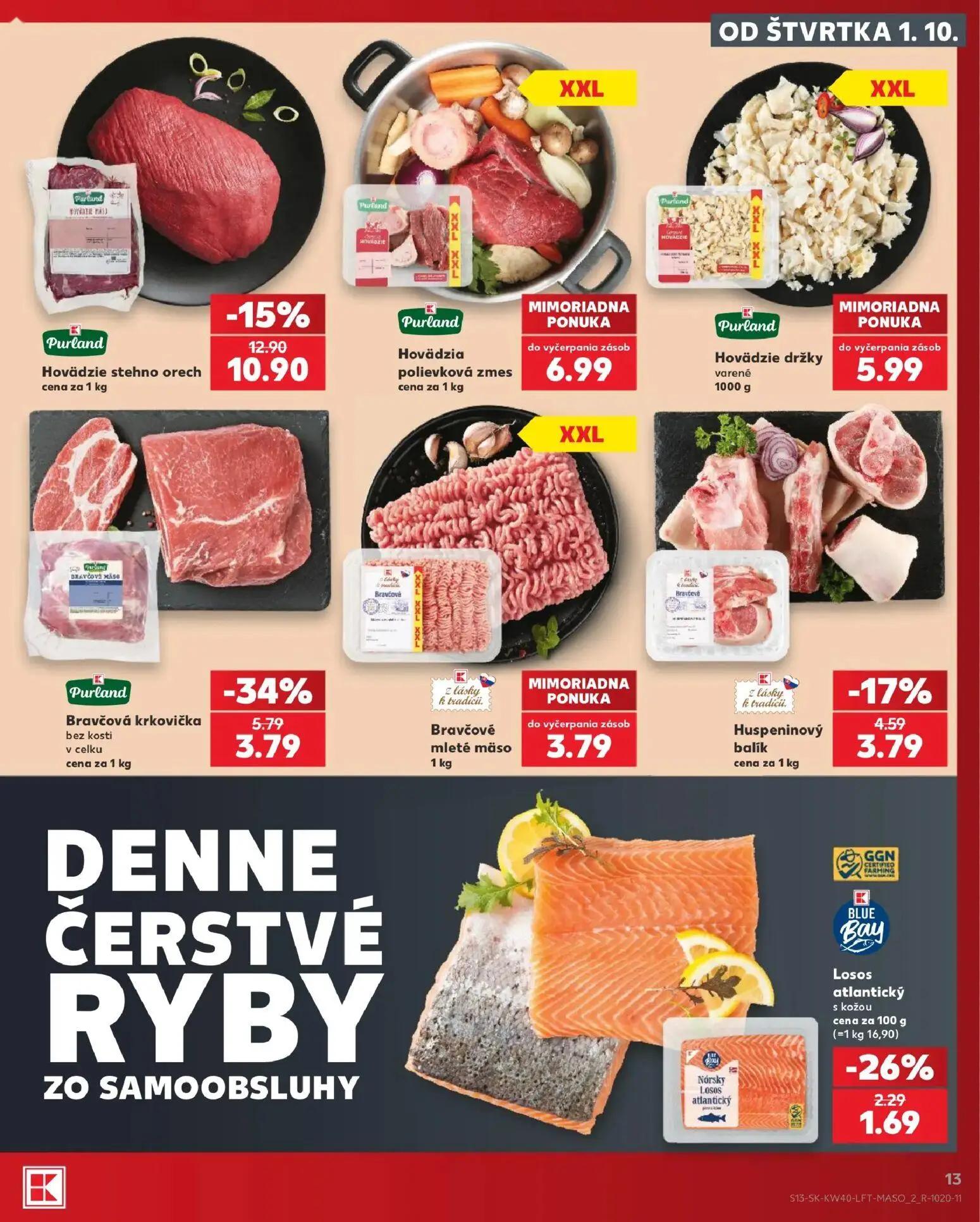 Kaufland leták, strana 13 z 76 — Hovädzie stehno orech, Bravčová krkovička bez kosti v celku, Huspeninový balík