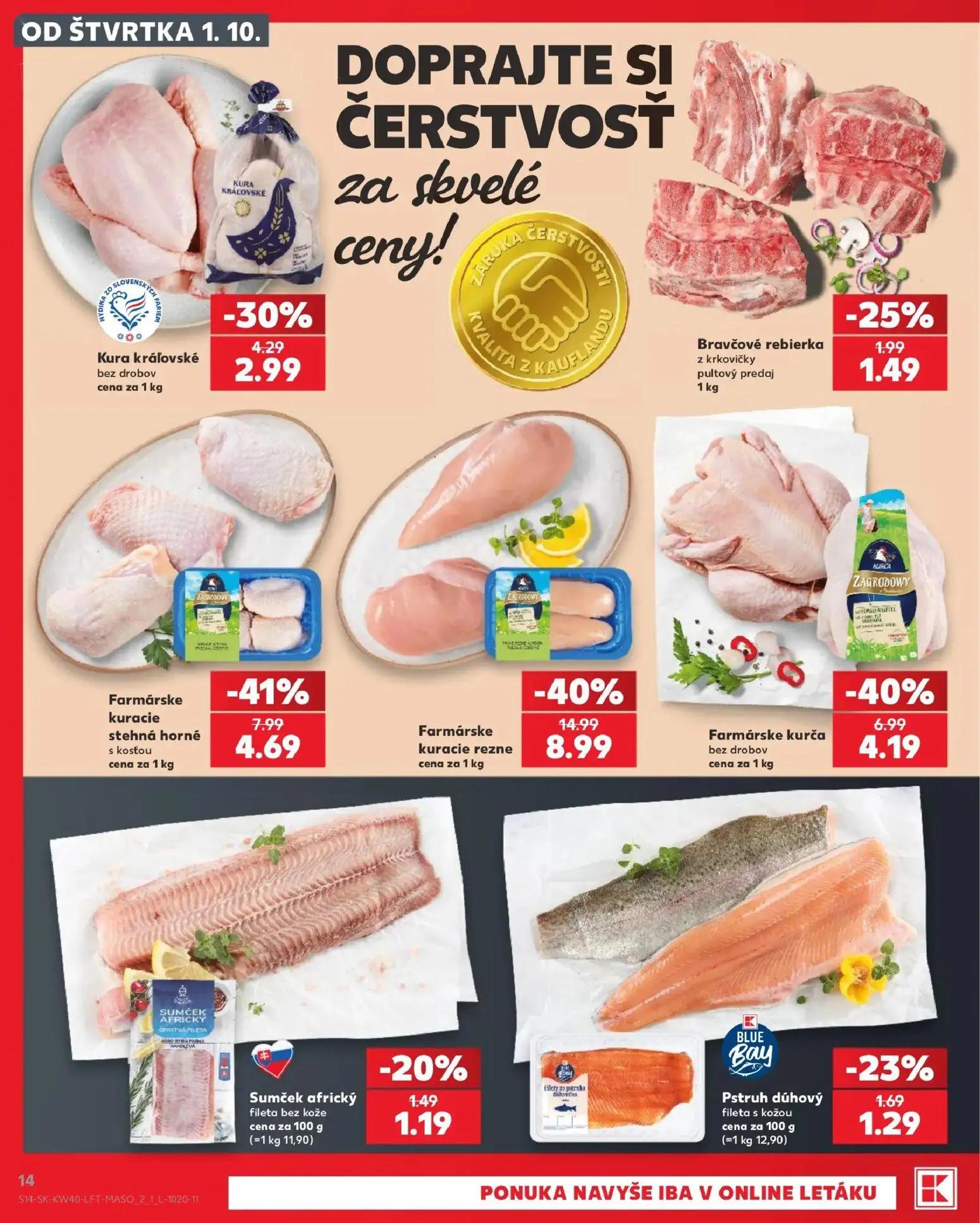 Kaufland leták, strana 14 z 76 — Farmárske kuracie rezne, Farmárske kuracie stehná horné, Farmárske kurča