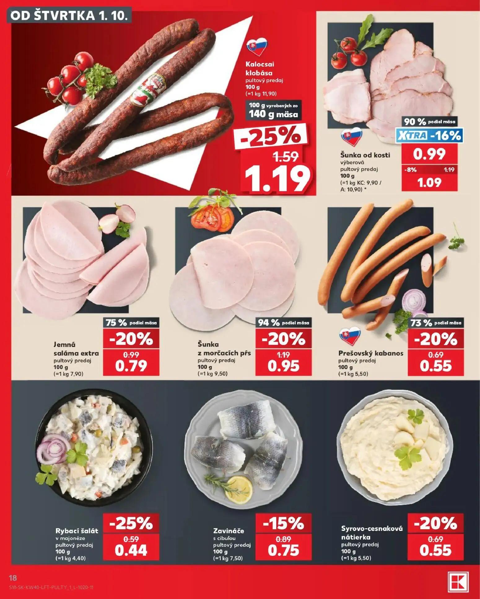 Kaufland leták, strana 18 z 76 — Kalocsai klobása, Šunka z morčacích pŕs, Šunka od kosti výberová