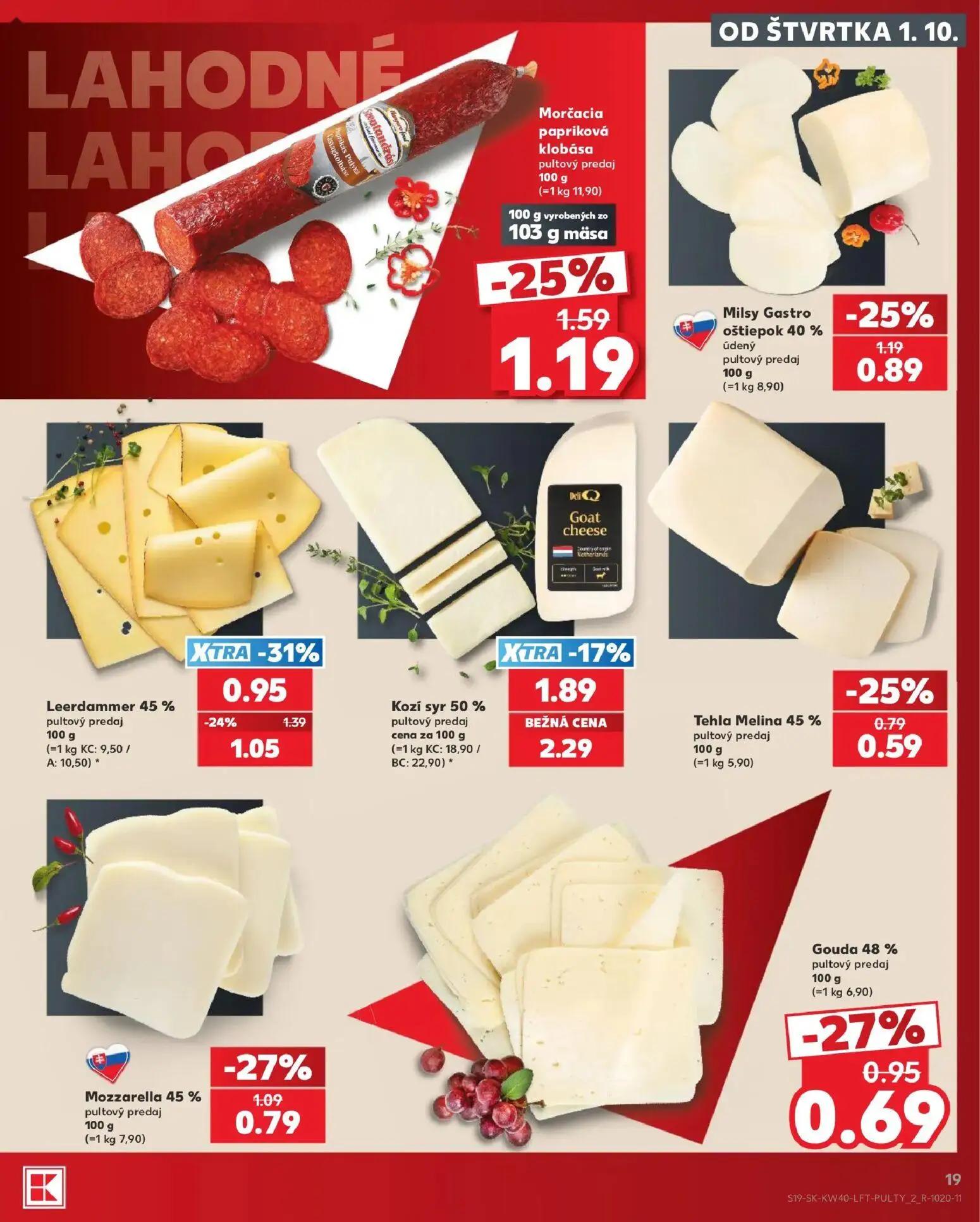 Kaufland leták, strana 19 z 76 — Leerdammer 45%, Morčacia papriková klobása, Kozí syr 50%