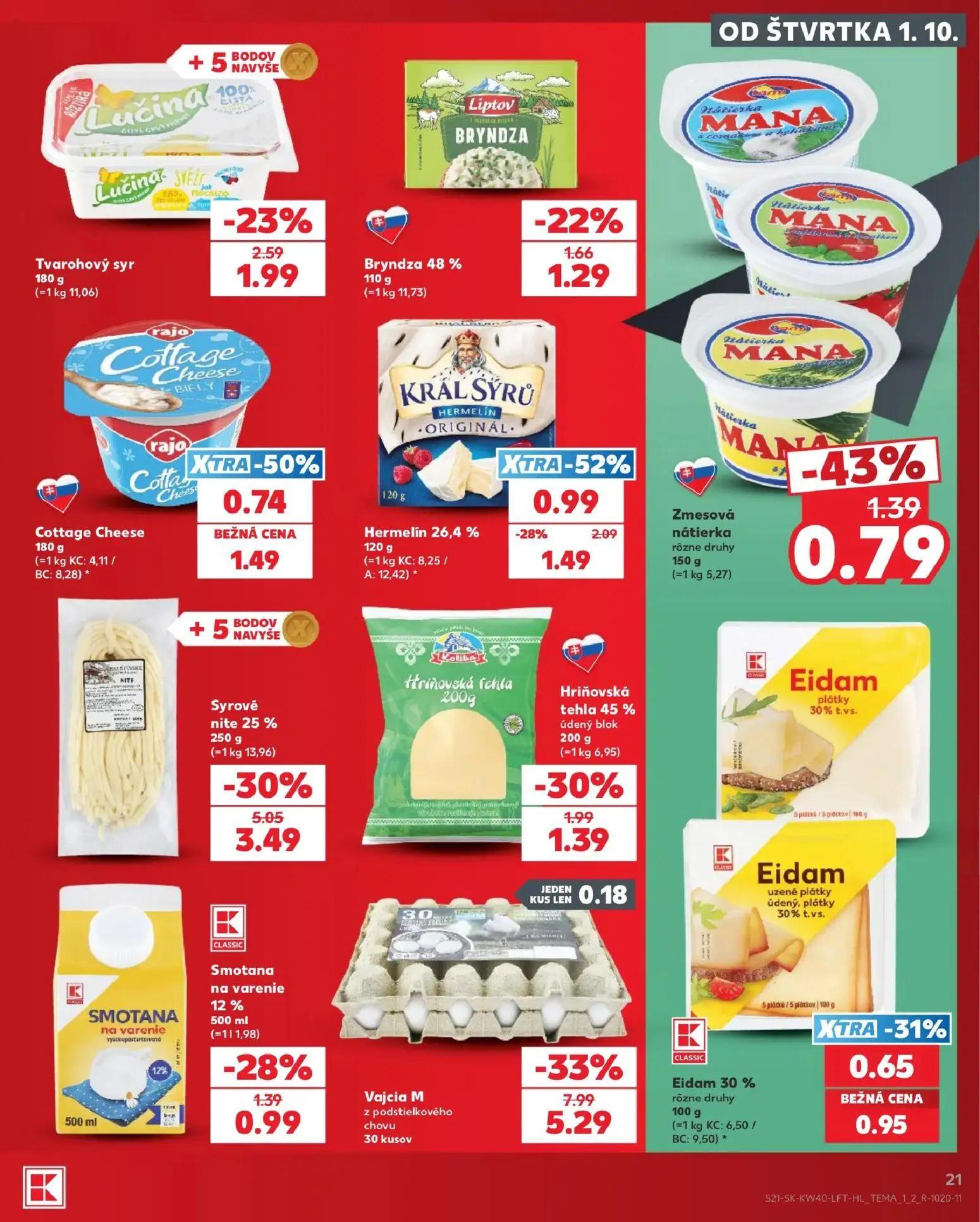 Kaufland leták, strana 21 z 76 — Vajcia M z podstielkového chovu, Syrové nite 25%, Hermelín 26,4%