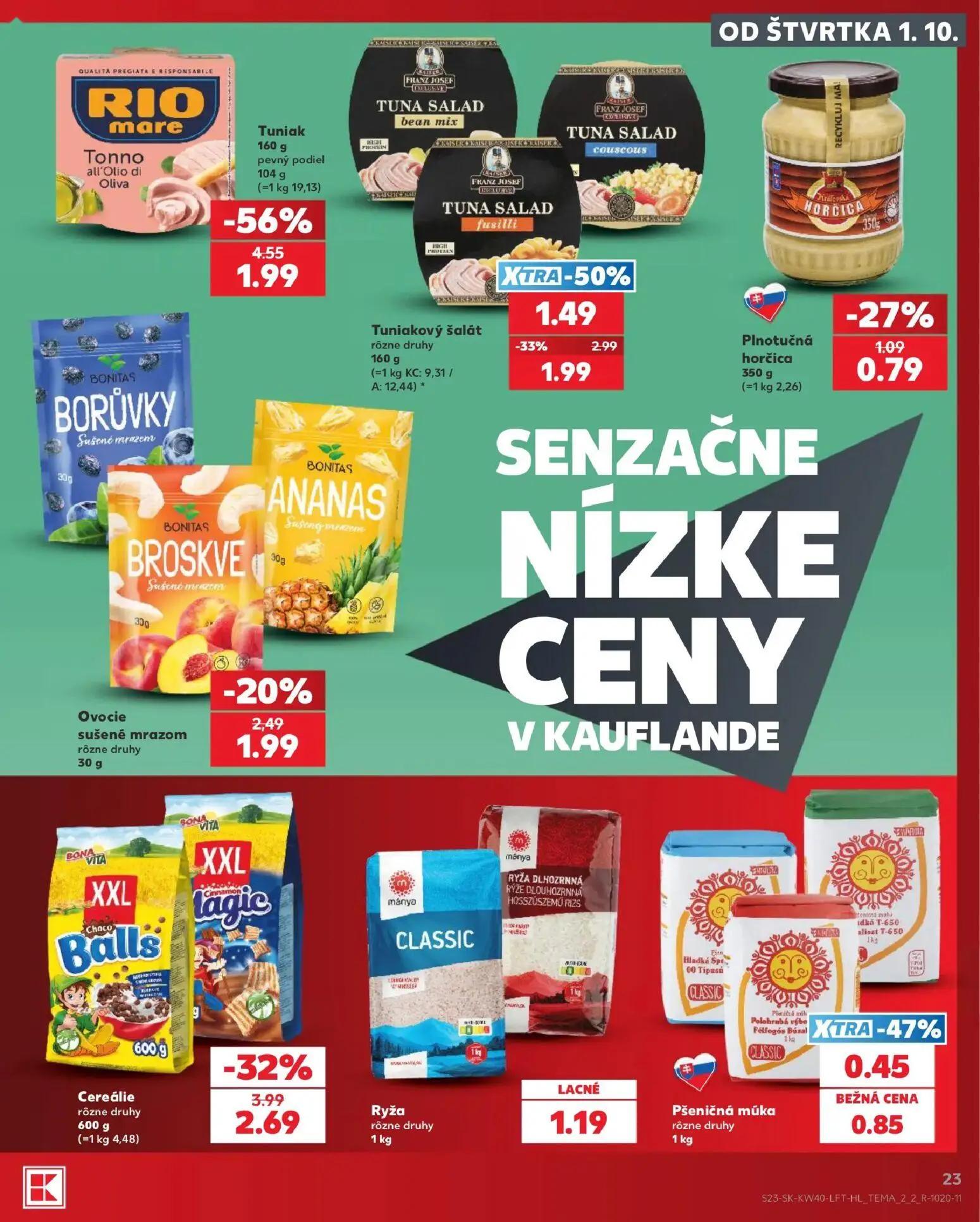 Kaufland leták, strana 23 z 76 — Tuniak Tonno all'Olio di Oliva, Cereálie rôzne druhy, Tuniakový šalát rôzne druhy