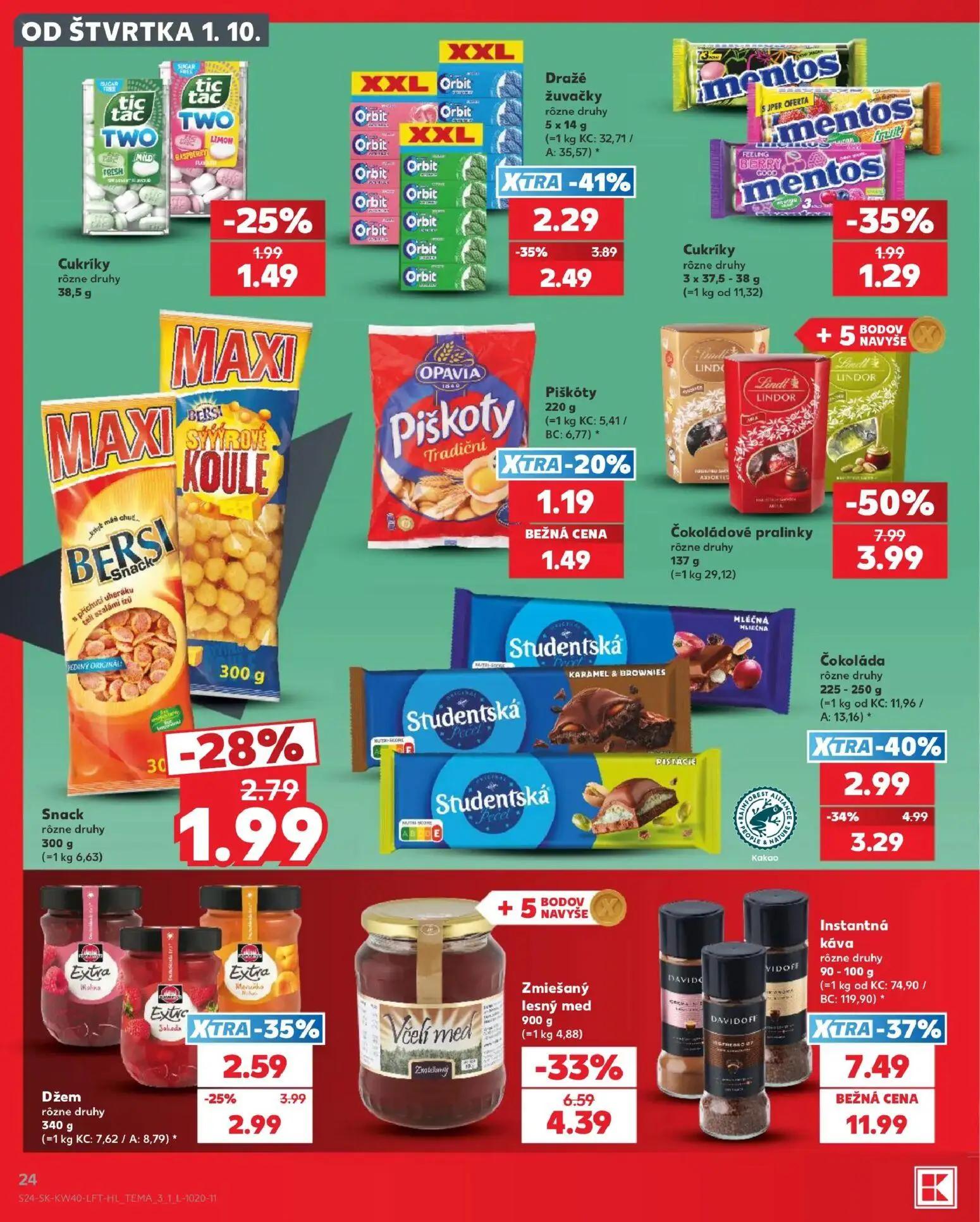 Kaufland leták, strana 24 z 76 — Instantná káva rôzne druhy, Čokoládové pralinky rôzne druhy, Zmiešaný lesný med