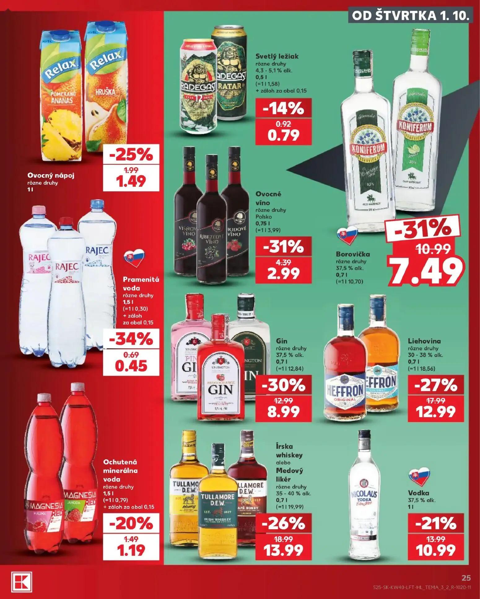 Kaufland leták, strana 25 z 76 — Liehovina, Írska whiskey alebo Medový likér Tullamore D.E.W., Gin