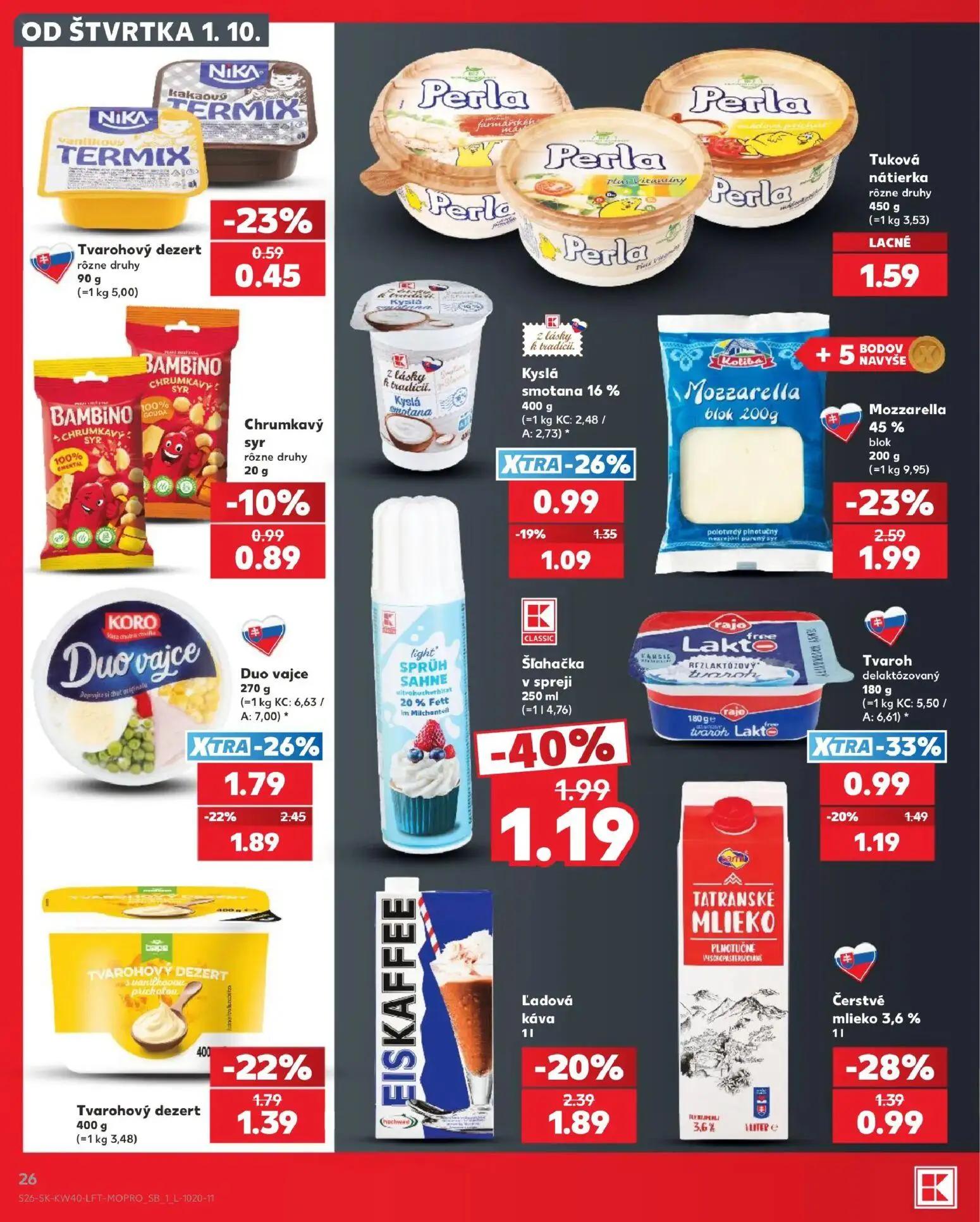 Kaufland leták, strana 26 z 76 — Šľahačka v spreji, Duo vajce, Mozzarella 45% blok